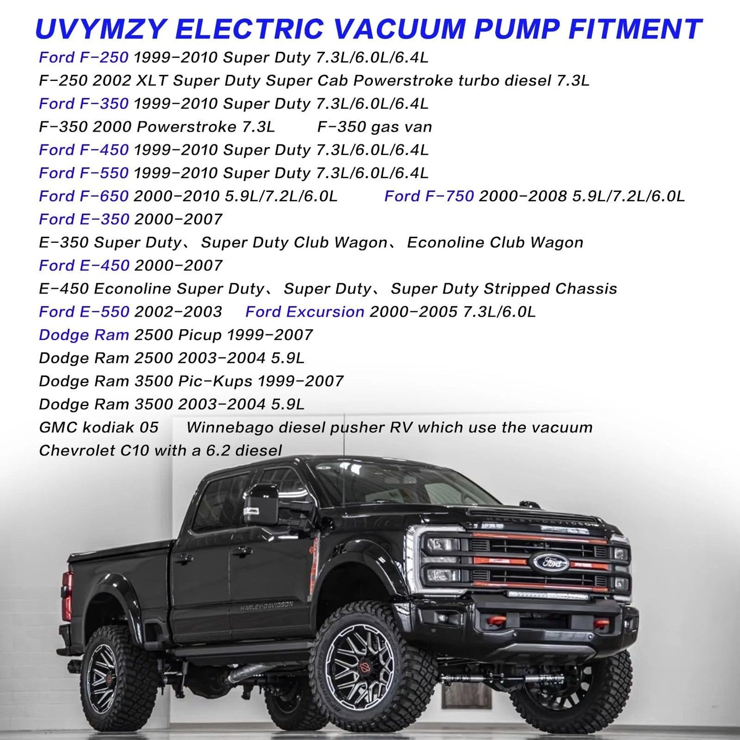 List of vehicles compatible with Replacement 904-214 Vacuum Pump and black truck in foreground.
