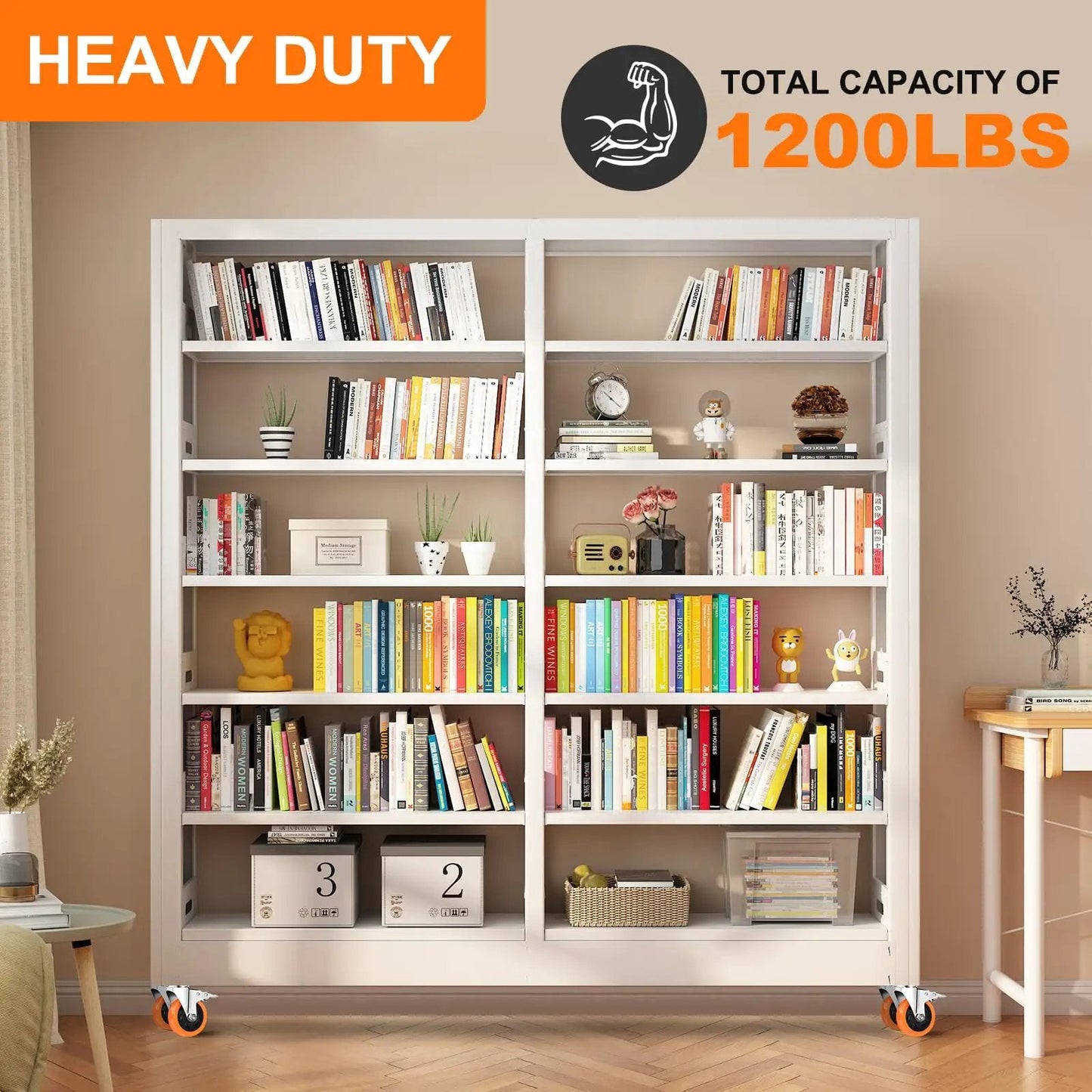 Heavy duty bookshelf on caster wheels, holding books and decor, with 1200 lbs capacity label at the top. Room setting.