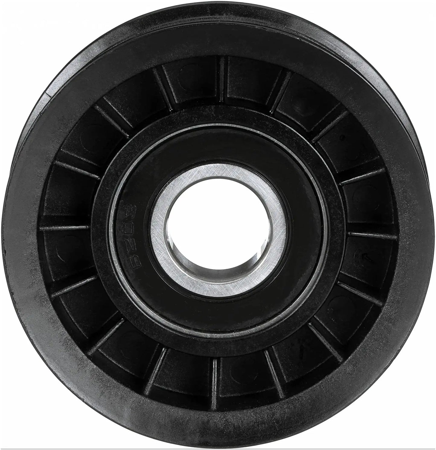 Front view of DriveAlign Belt Drive Idler Tensioner Pulley Replacement for Cars and SUVs in beefy steel and thermoplastic build.