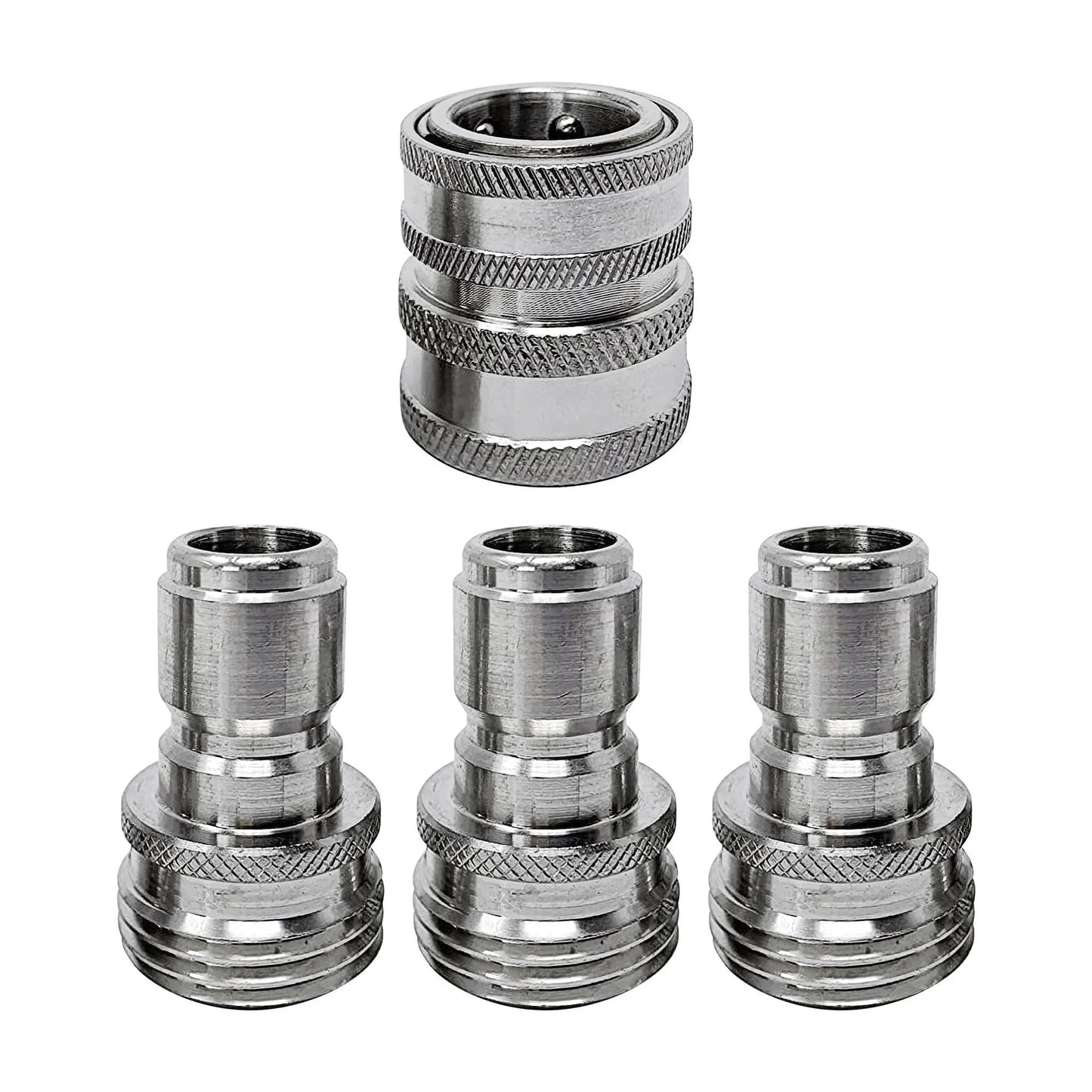 4 Piece Garden Hose Pressure Washer Adapter Kit With Three Quarter Inch Quick Connect Fittings MTM Hydro Stainless Steel High Pressure Couplings And Connectors For Easy Hose Swaps