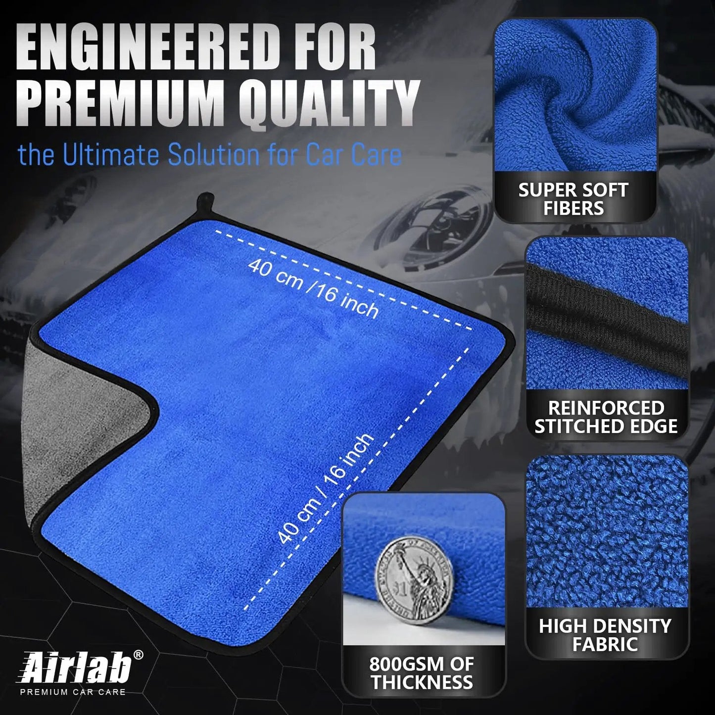 Ultra Thick 800GSM Microfiber Towels For Cars Pack Of 4 16 X 16 Inches Blue Gray showing close-up of soft fibers and stitched edges.