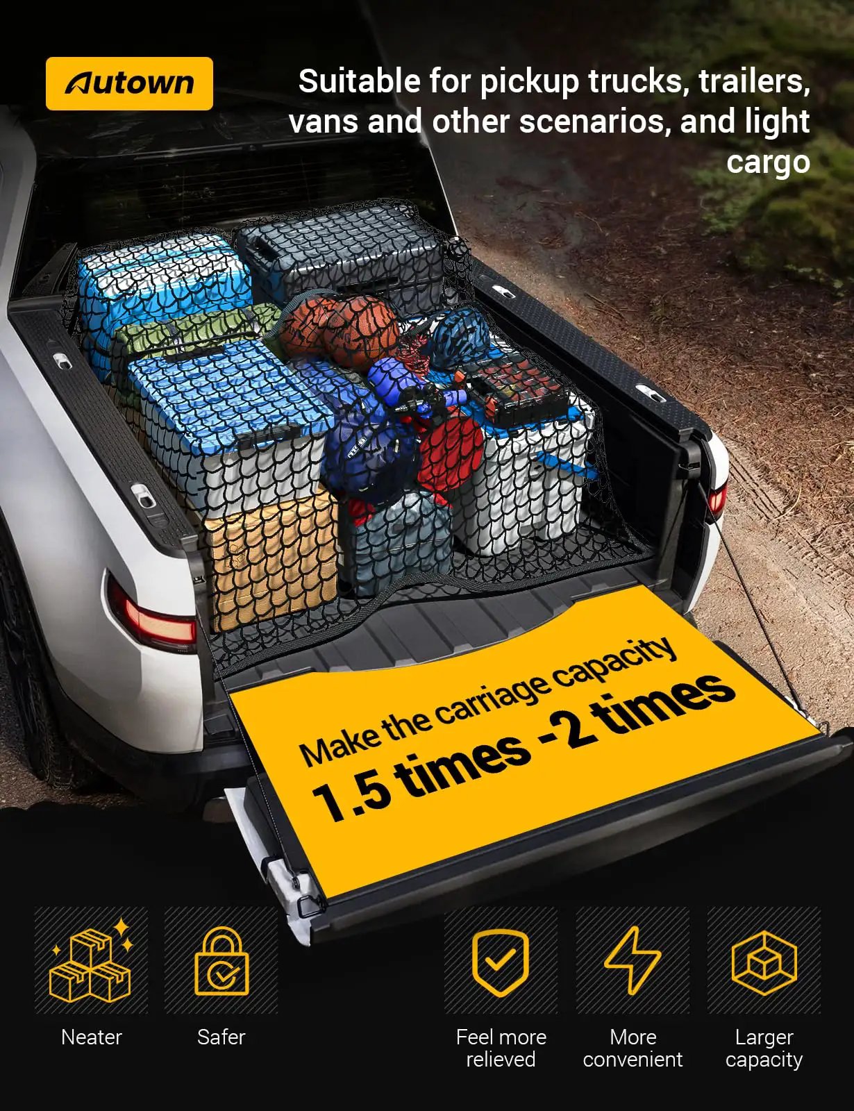 Stretchable Cargo Net for Pickup Truck Bed 4x4 to 7x7 With 1x1 Fine Mesh And 8 Carabiners secured over cargo in truck bed.
