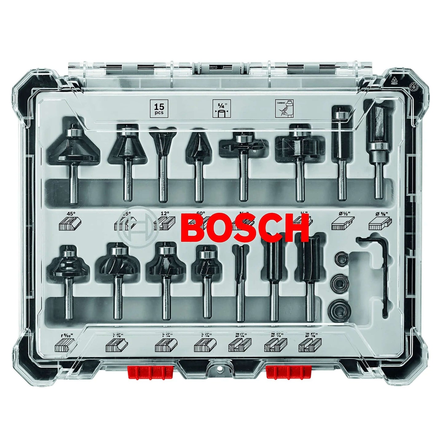 15 Piece Micrograin Carbide Tipped Wood Router Bit Set Universally Compatible For DIYers Finishing And Shaping Soft And Hard Woods And Wood Composites Bosch RBS015MBS