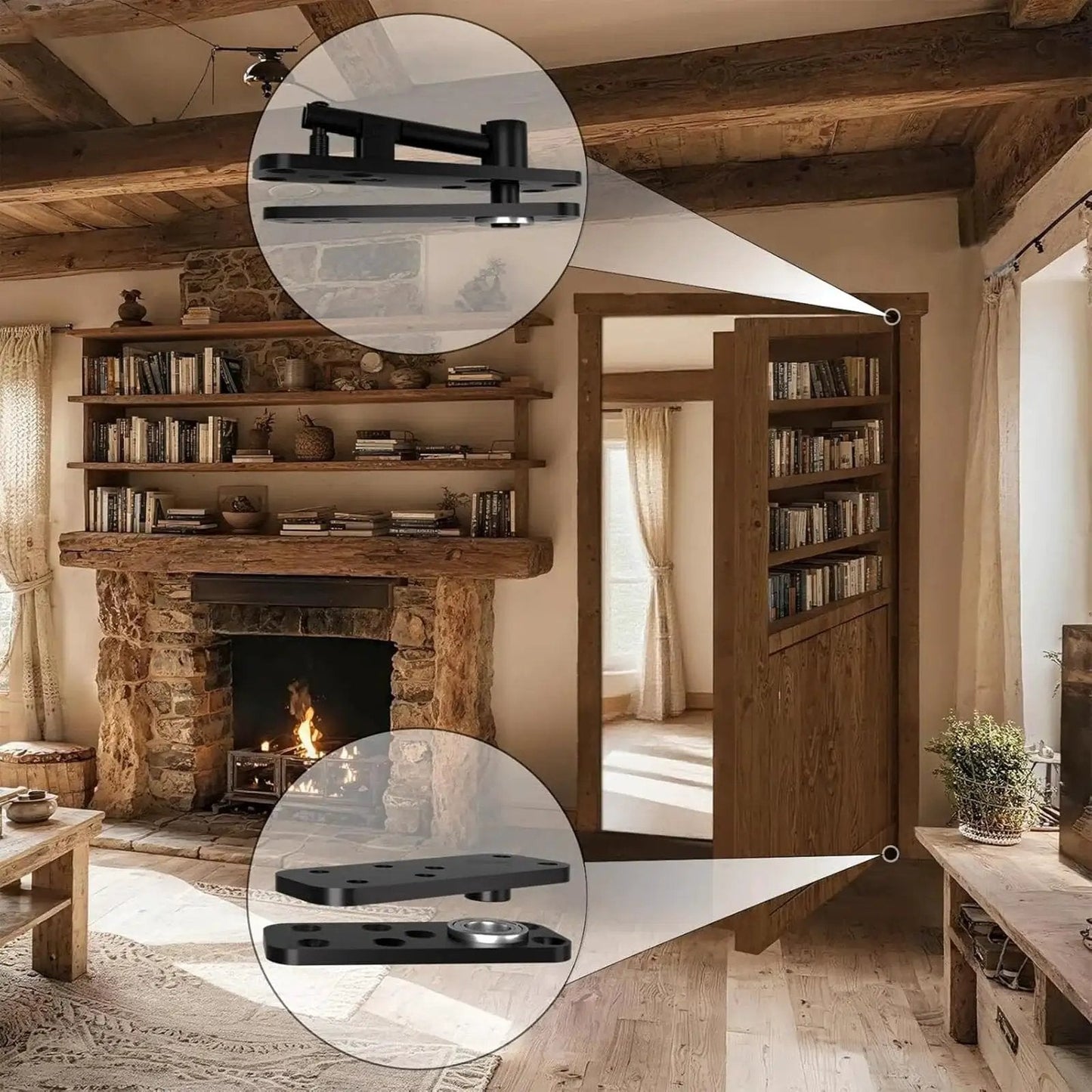 360 Degree Quiet Pin Hinge Set installed on rotating bookcase door in living room, highlighting hidden double bearing pivot system.
