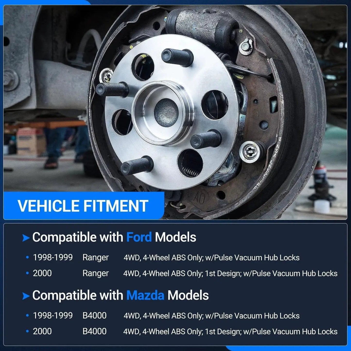 Front 4WD Wheel Bearing Hub Assembly Set For 1998 1999 2000 Ford Ranger And Mazda B4000 5 Lug With ABS installed on vehicle