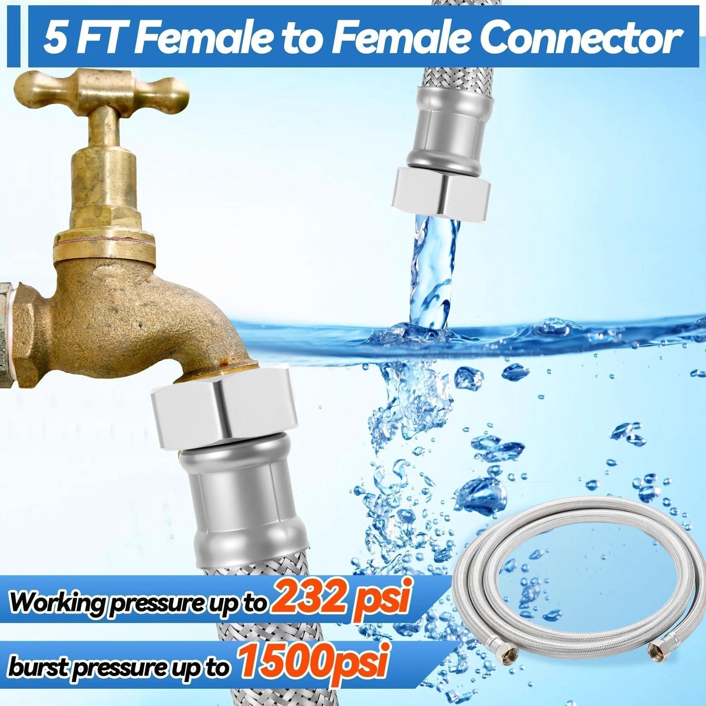 Heavy Duty 5 Foot Garden Hose With EPDM Rubber Core And 304 Stainless Steel Braided Layer No Kink Flexible Water Hose