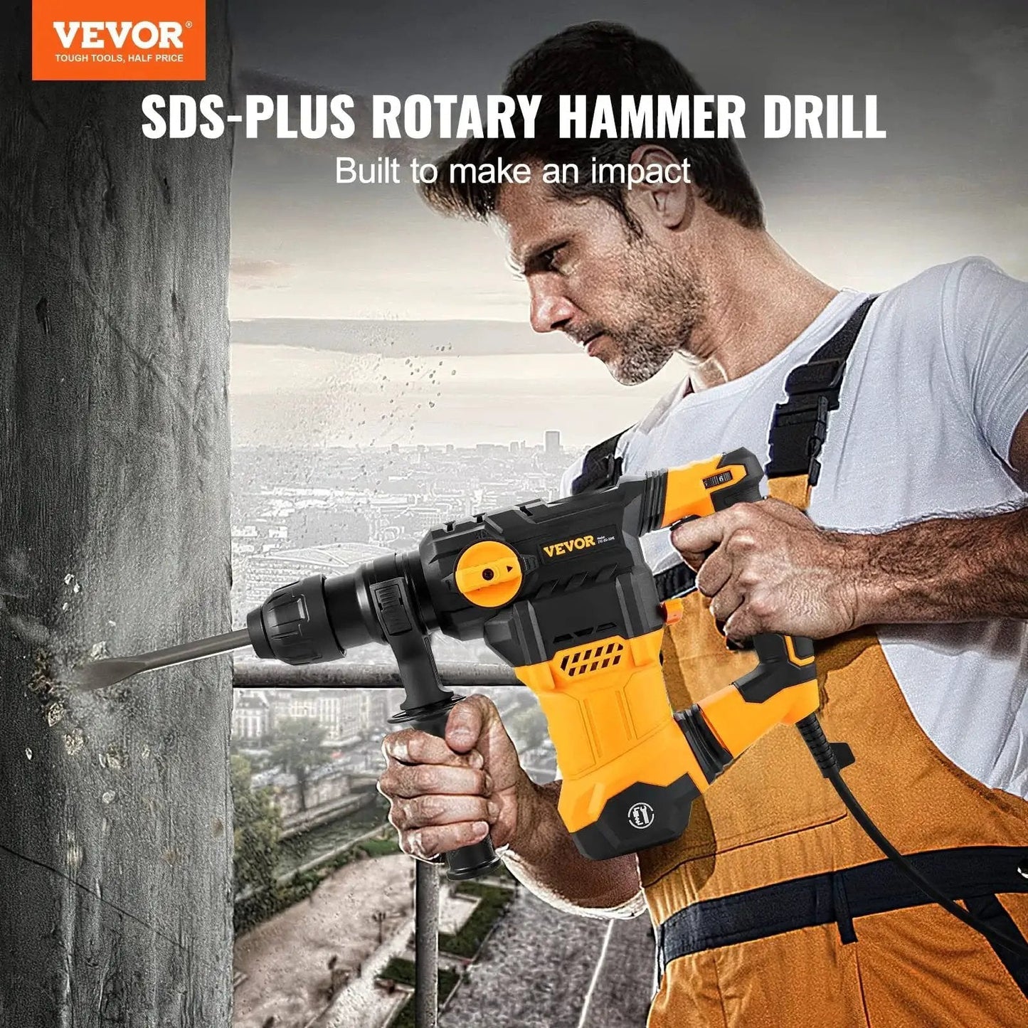 Man using a powerful 1-1/4 inch SDS-Plus rotary hammer with 13A motor and 5.5J impact for drilling into concrete wall