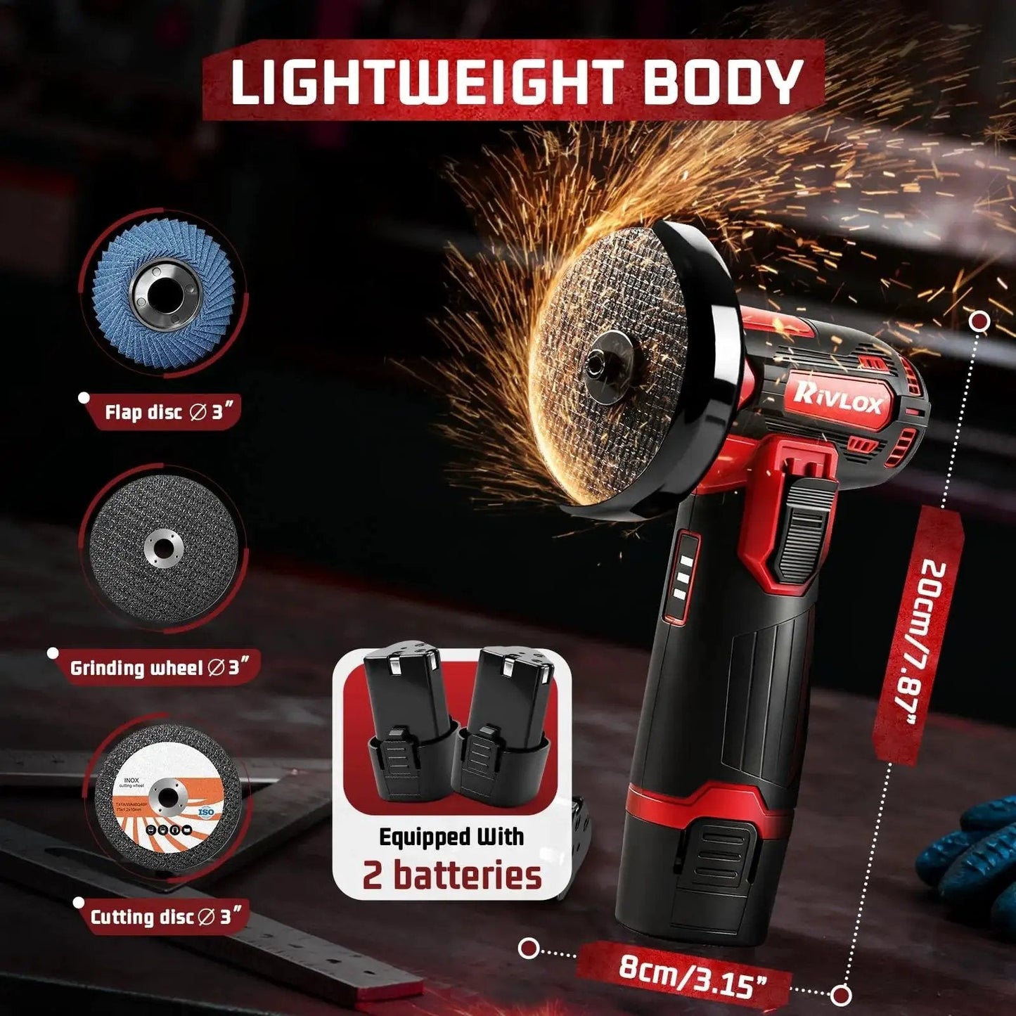 Cordless Mini 3 Inch Angle Grinder Kit With Dual 12V 1500mAh Batteries And Charger Rivlox Includes 5 Cutting Discs For Metal And Wood Projects Portable Handheld Grinder For DIY Home Improvement, showing grinder with spark effect and accessories.