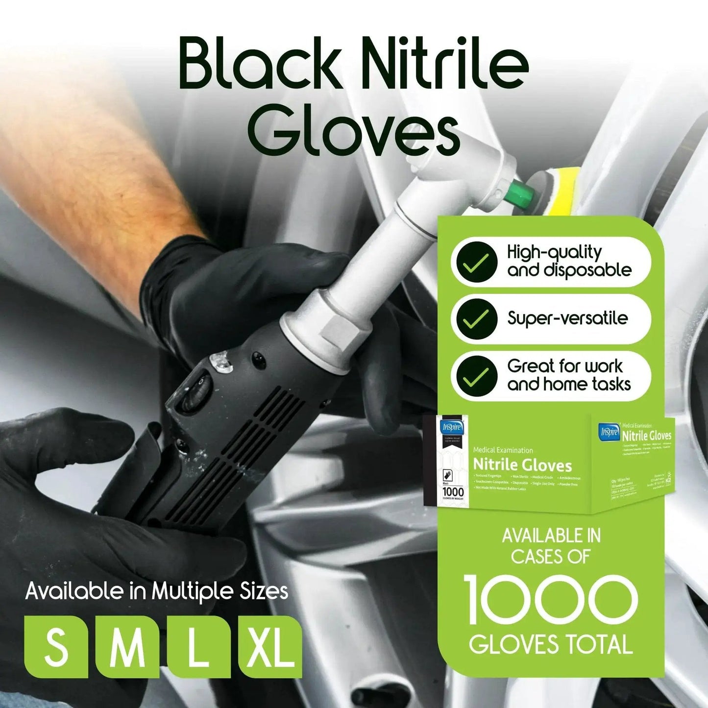 Black Nitrile Gloves Disposable Latex Free 4.5 Mil Medium being used for automotive work with an electric tool