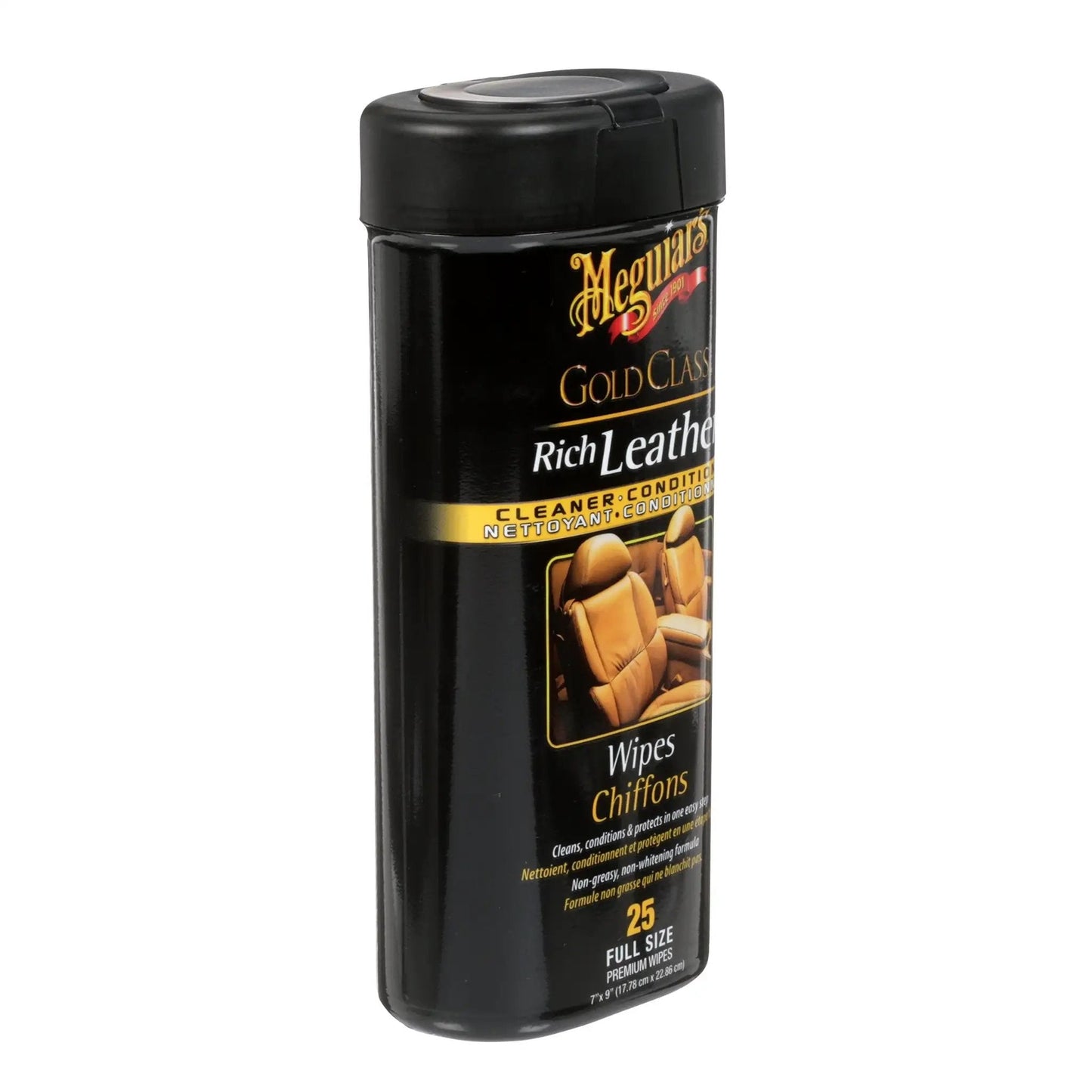 Gold Class Rich Leather Wipes For Car Care With Conditioning And UV Protection, Moisturizers Help Prevent Drying Out And Cracking, 30 Count By Meguiar's, canister view displaying leather wipes.
