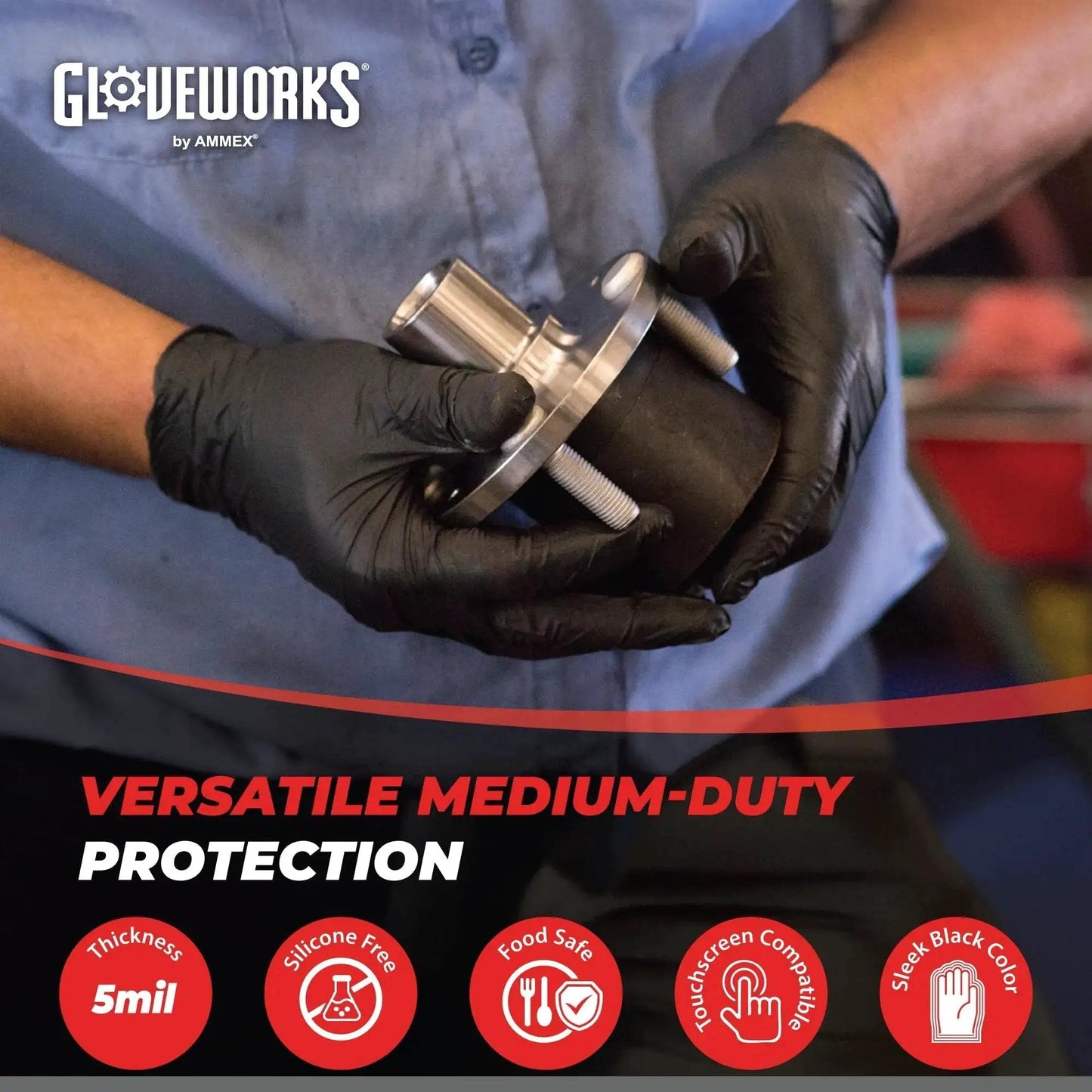 Person wearing XL Black Nitrile Gloves 5 Mil Disposable For Food Prep And Cleaning 1000 Count, holding metal part in hand