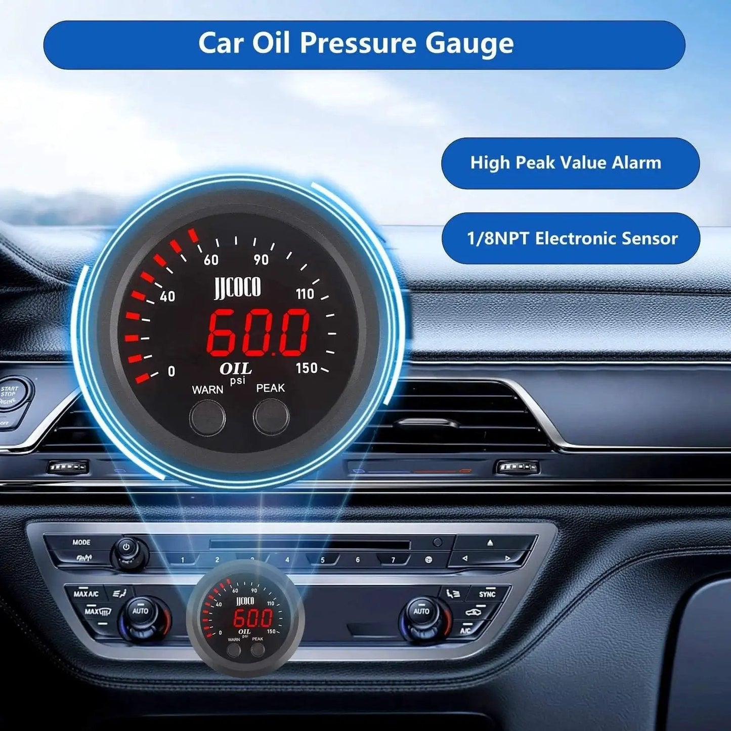 Universal Oil Pressure Gauge Kit 52mm Digital Red Display 0-150 PSI with 1/8 NPT Sensor mounted in automobile dashboard