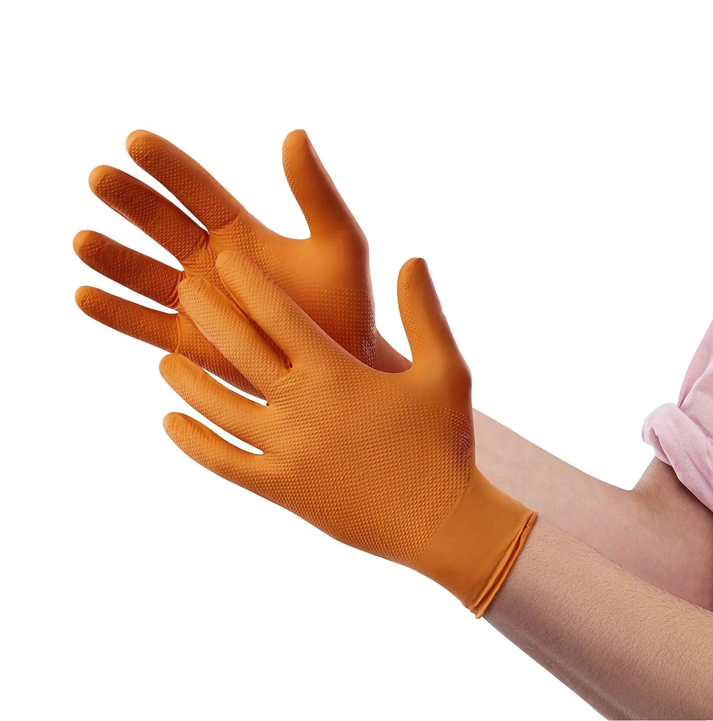 Person wearing Hi-Visibility Orange Nitrile Gloves 8 Mil Thick Diamond Texture Grip 50 Count, showing raised diamond texture.