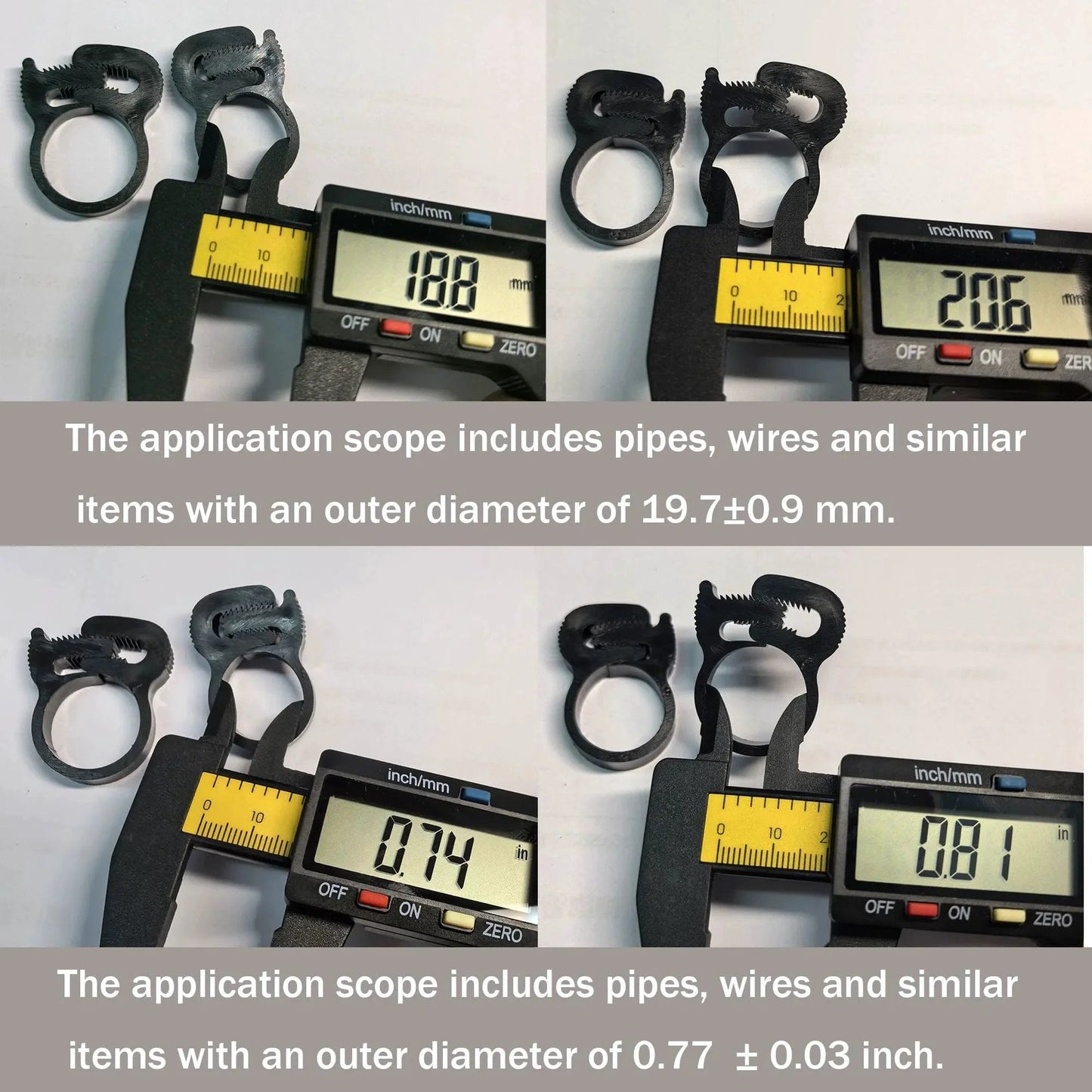 Double Gripping Nylon Hose Clamps With Snap Grip For Ultra Secure Low Pressure Hose Connections In The 18.8 To 20.6 Millimeter Range Three Quarter Inch Size Reusable Easy To Install Nylon Plastic Clamps 20 Pack shown with calipers measuring 19.8mm to 20.6mm size adjustment