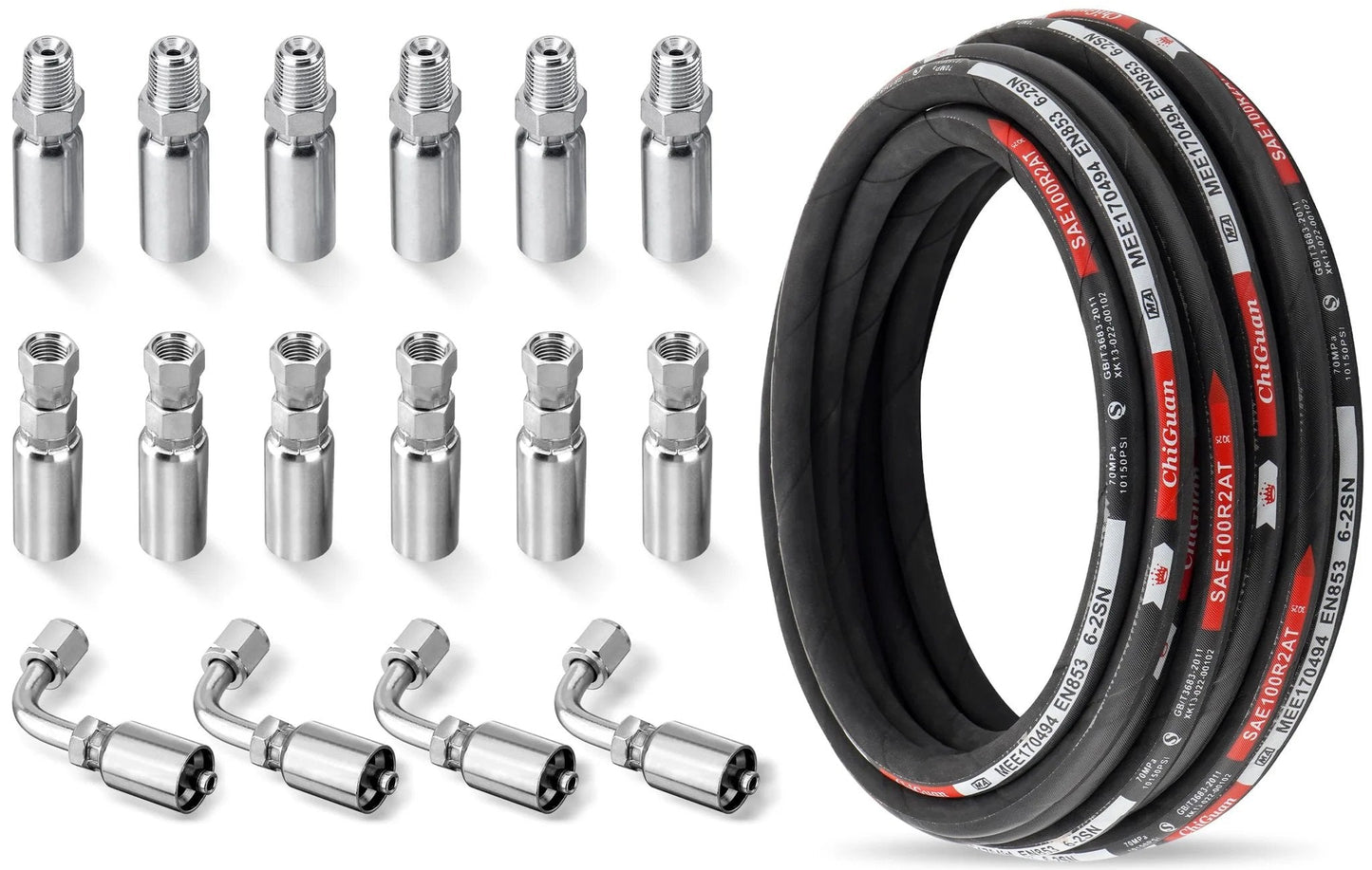 33Ft 1 Quarter Inch Hydraulic Hose Kit With 16 Fittings JIC Female NPTF Male JIC 90 Degree Elbow 10150 PSI Working Pressure SAE 100 R2AT 2 Wire Braided Hydraulic Hose For Heavy Duty High Pressure Equipment