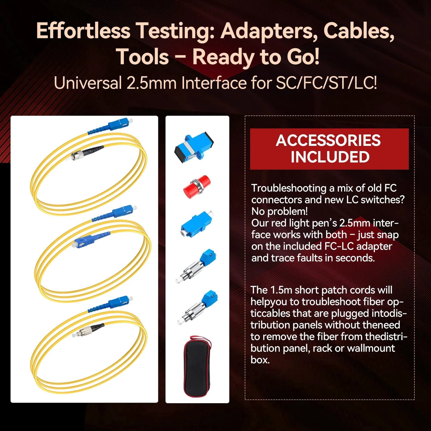 Fiber Optic Visual Fault Locator Kit Up To 50 Kilometer Range Red Light Pen For Quick Fault Detection 650 Nm Laser Two Point Five Millimeter Universal Connector Works With ST SC FC Adapters LC SC FC Coupler And Three One Point Five Meter Patch Cords with included accessories shown.