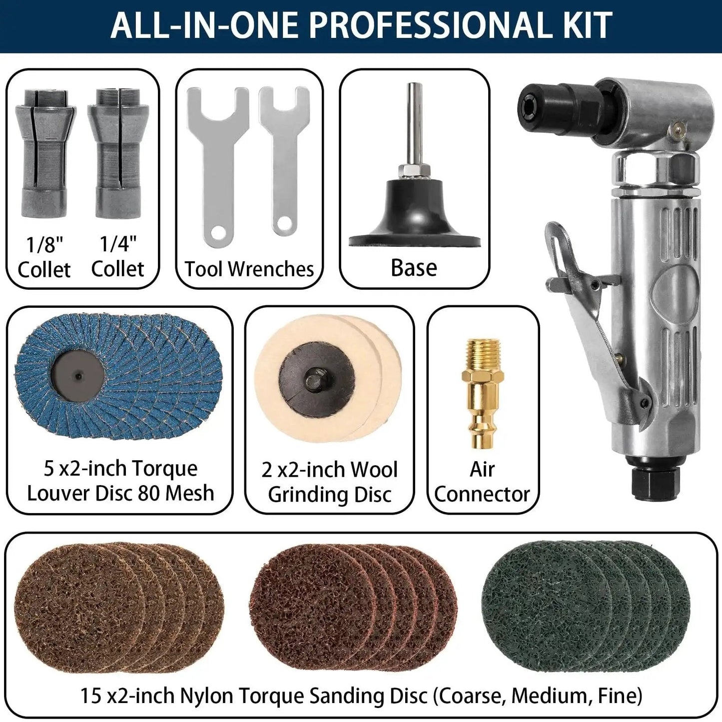 Right Angle Air Die Grinder Kit With Twenty Two Roll Lock Two Inch Sanding Discs And Quarter Inch Pneumatic Die Grinder Tool Mini Angle Grinder For Grinding Polishing Deburring In Tight Spaces Up To 20000 RPM And 90 Degree Head Design alongside tools, base, discs, and air connector.