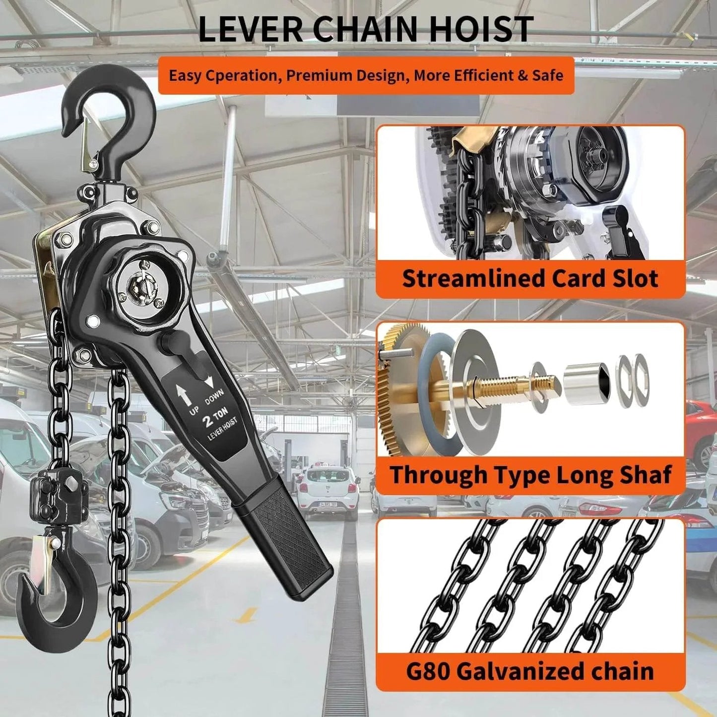 Manual Lever Chain Hoist 2 Ton Come Along 4400 Lbs Capacity 10 Ft Long Reach Galvanized G80 Carbon Steel For Garage Use