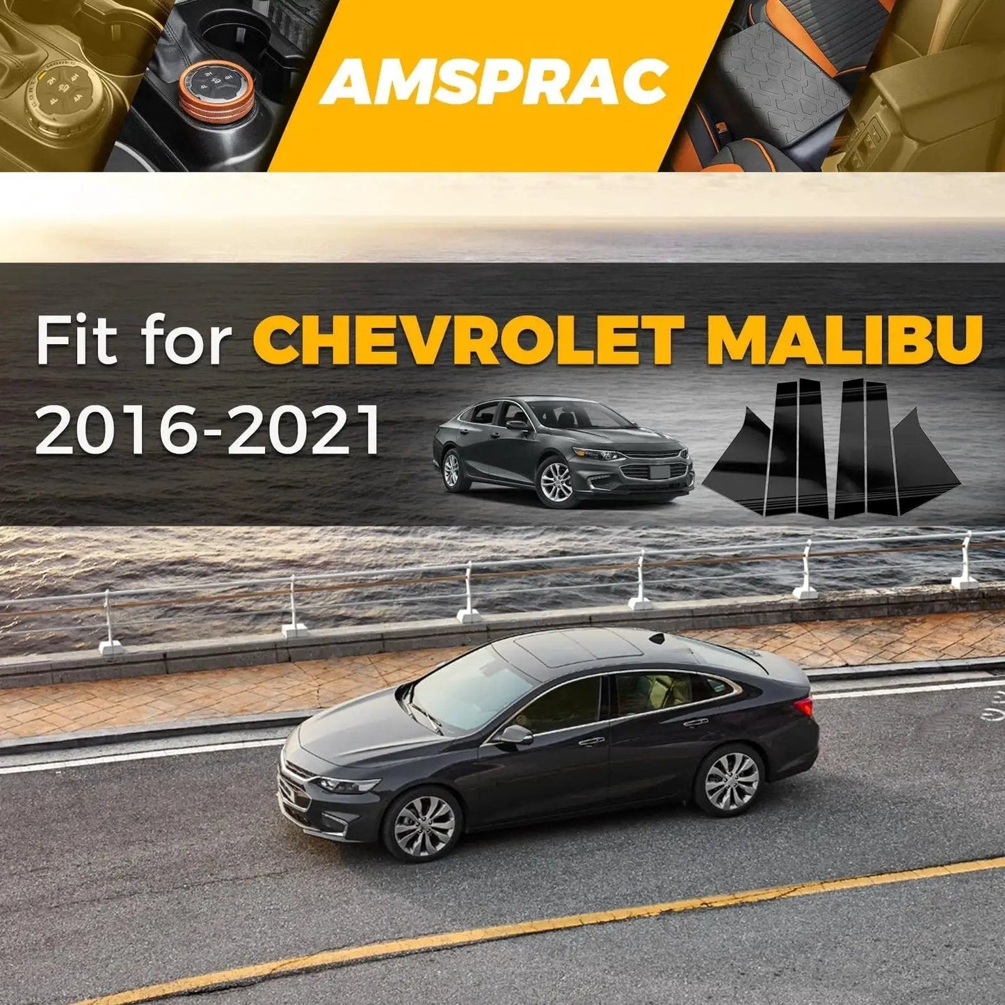 Chevrolet Malibu parked on waterfront road; overlay text promoting Chevrolet Malibu Door Pillar Trim Covers 2016 To 2021 Glossy Black 6Pcs