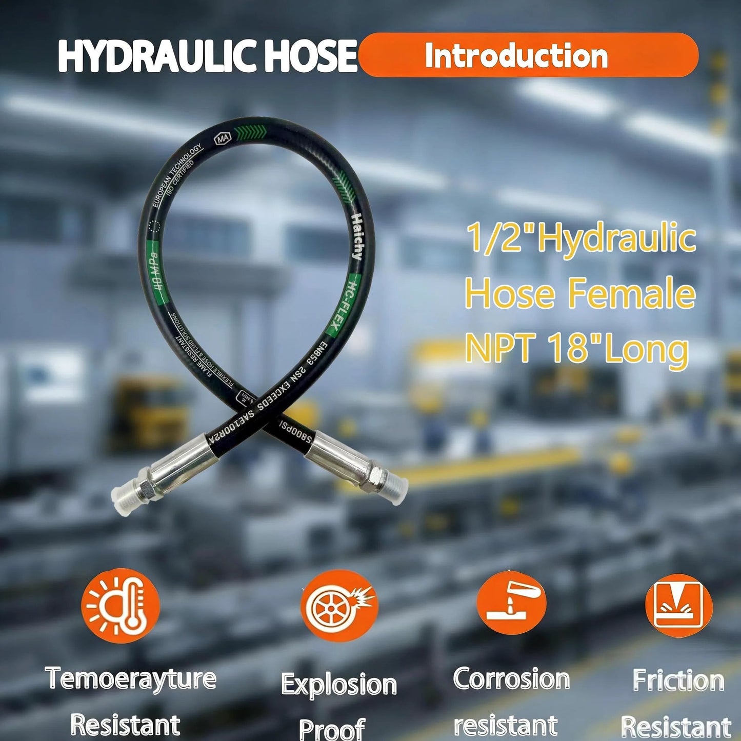One Half Inch Hydraulic Hose With Male NPT Ends, 18 Inch Long, High Pressure 3988 PSI, Oil Resistant Outer Layer shown in factory background