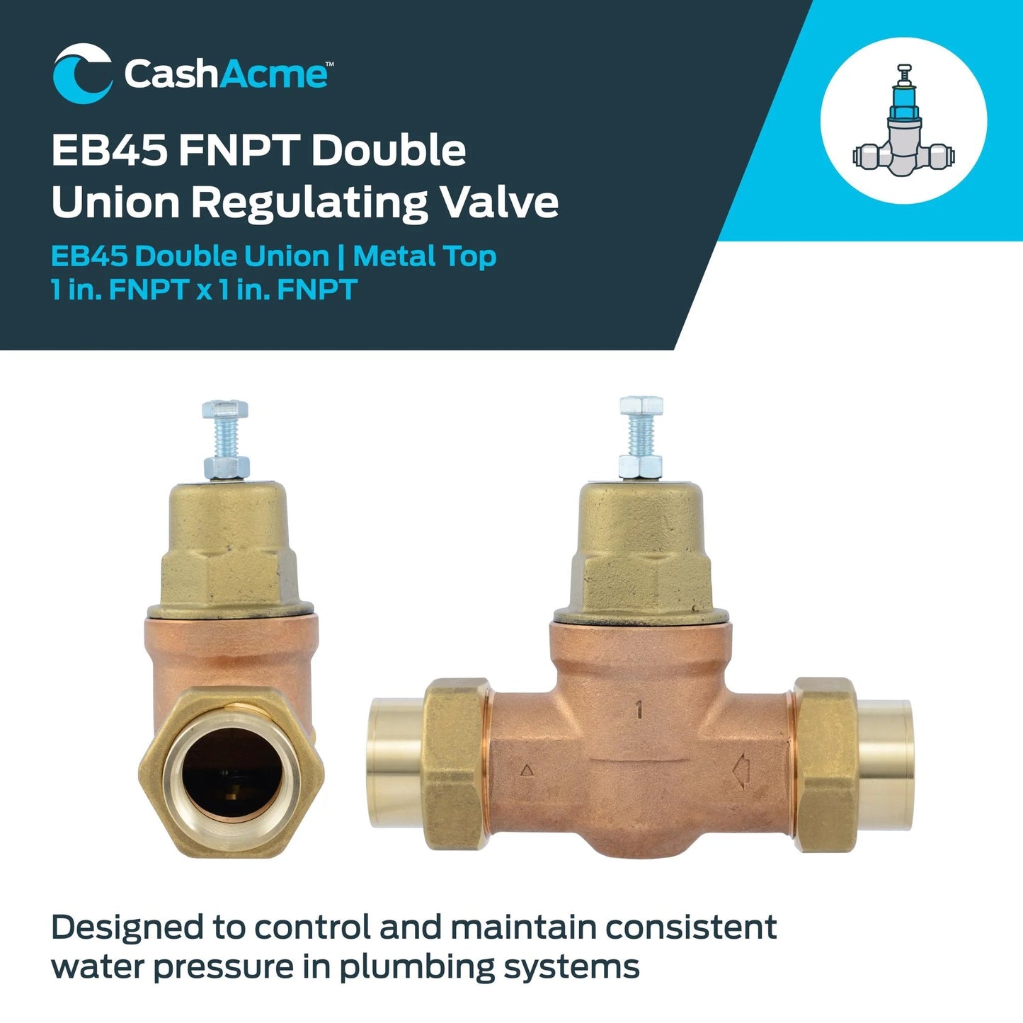 Direct Pressure Regulator Valve With Double Union For 1 Inch NPT Female Plumbing Lines, 60 PSI Setting, Metal Top PRV