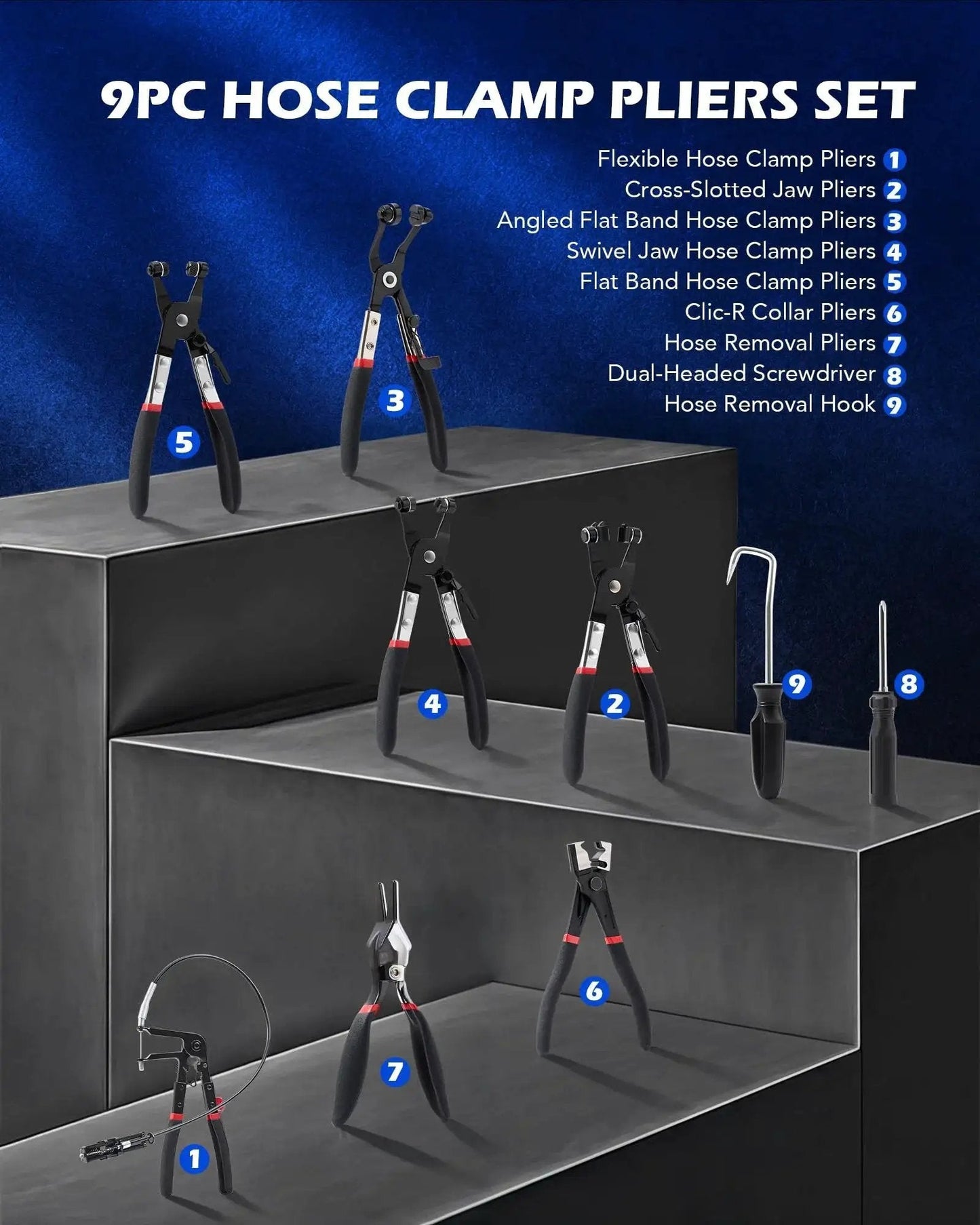 Display of 9 Piece Hose Clamp Pliers Set With Long Reach Swivel Jaw And Flat Band Pliers on tiered black stands