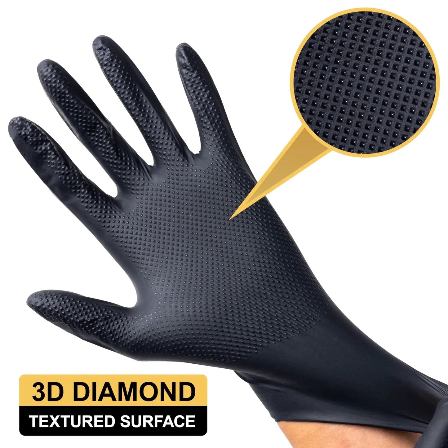 Heavy Duty 9 Mil Nitrile Disposable Gloves Diamond Texture Latex Free Large with close-up of textured surface