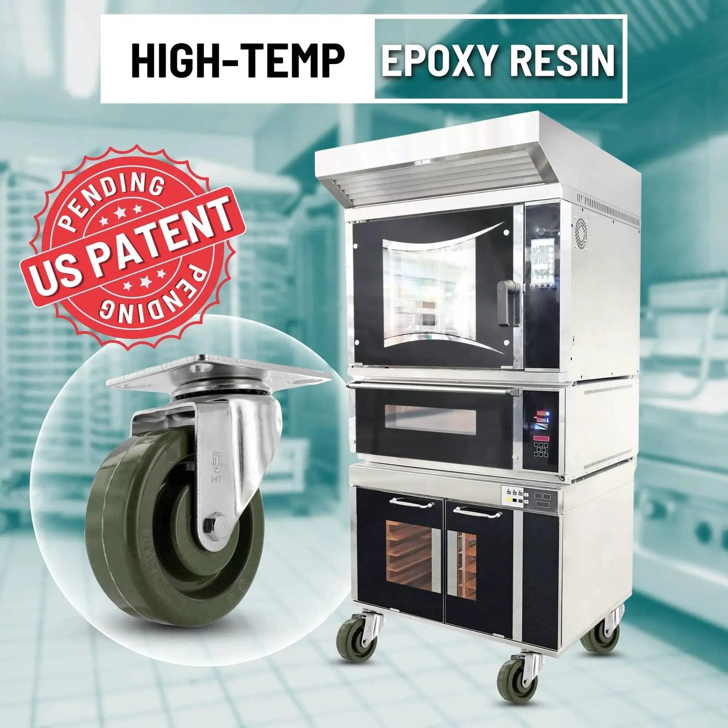 High Temperature Plate Mount Caster With Four Inch Epoxy Resin Wheel And Zinc Plated Steel Yoke Five Sixteenth Inch Precision Bearing Heavy Duty Caster For Ovens Bakers And Heat Intensive Environments Up To Two Hundred Eighty Fahrenheit in front of an industrial oven.