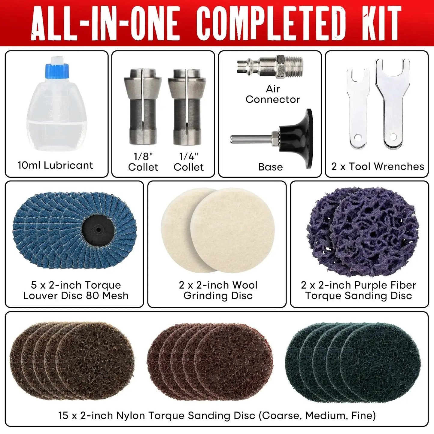 Right Angle Die Grinder Kit With 90 Degree Head 1/4 Inch And 1/8 Inch Collets 24 Sanding Discs Air Connector Lubricant And Chuck Keys Included 20,000 RPM Kit components shown.