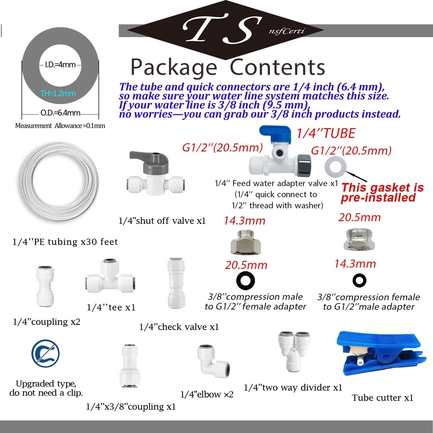 Diagram showing One Quarter Inch Push To Connect Water Line Fittings And Thirty Feet Of One Quarter Inch Tubing Kit For Reverse Osmosis Systems, Easy Install With Eleven Connectors, BPA Free POM Material, NSF Certified, Feed Water Adapter Kit components.