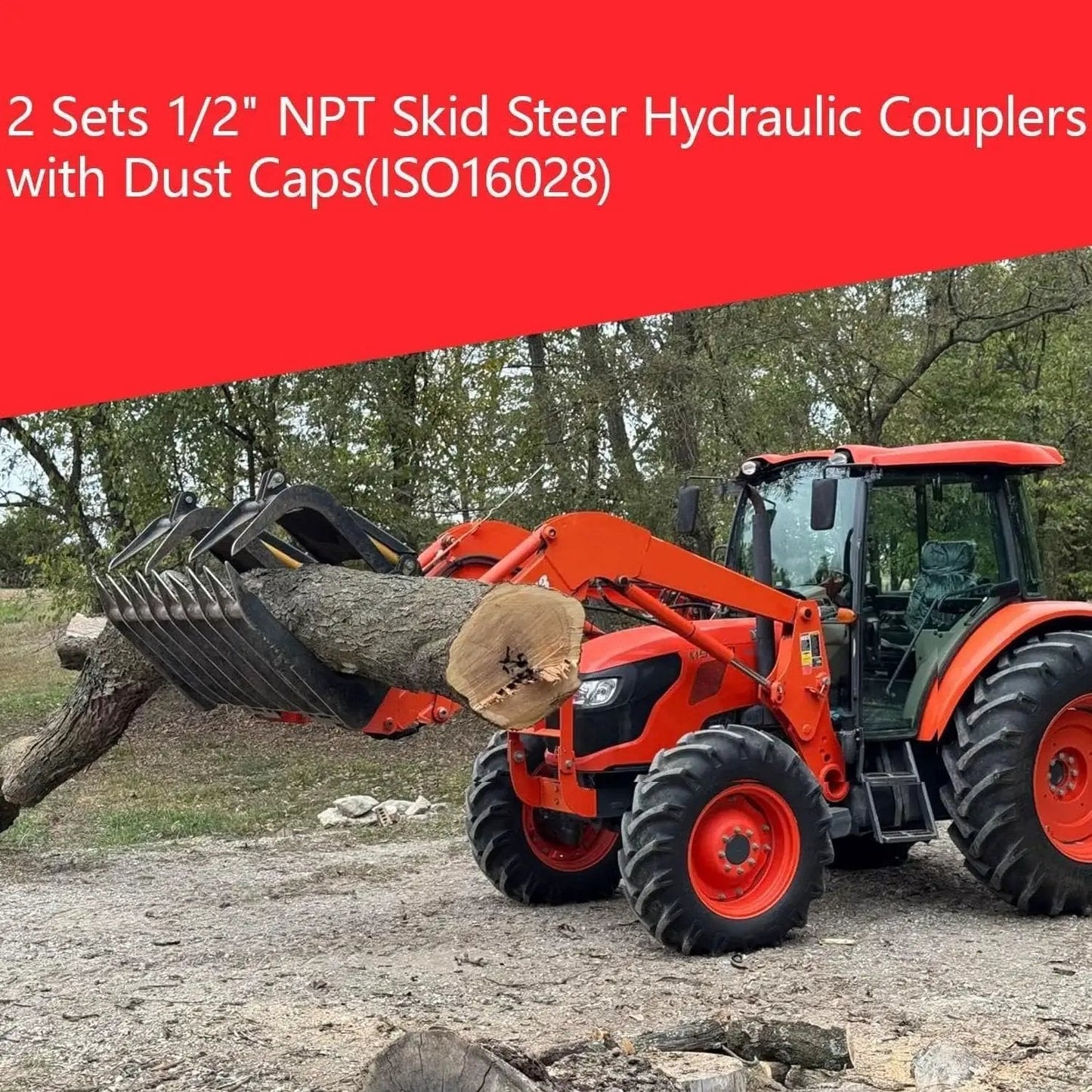 2 Sets Flat Face Hydraulic Quick Connect Couplers For Skid Steer Loaders Half Inch NPT ISO 16028 With Dust Caps Male And Female 5076 PSI Rating Built Tough For Agriculture Construction And Logging Wzytshun with orange skid steer loader lifting log with hydraulic couplers in action