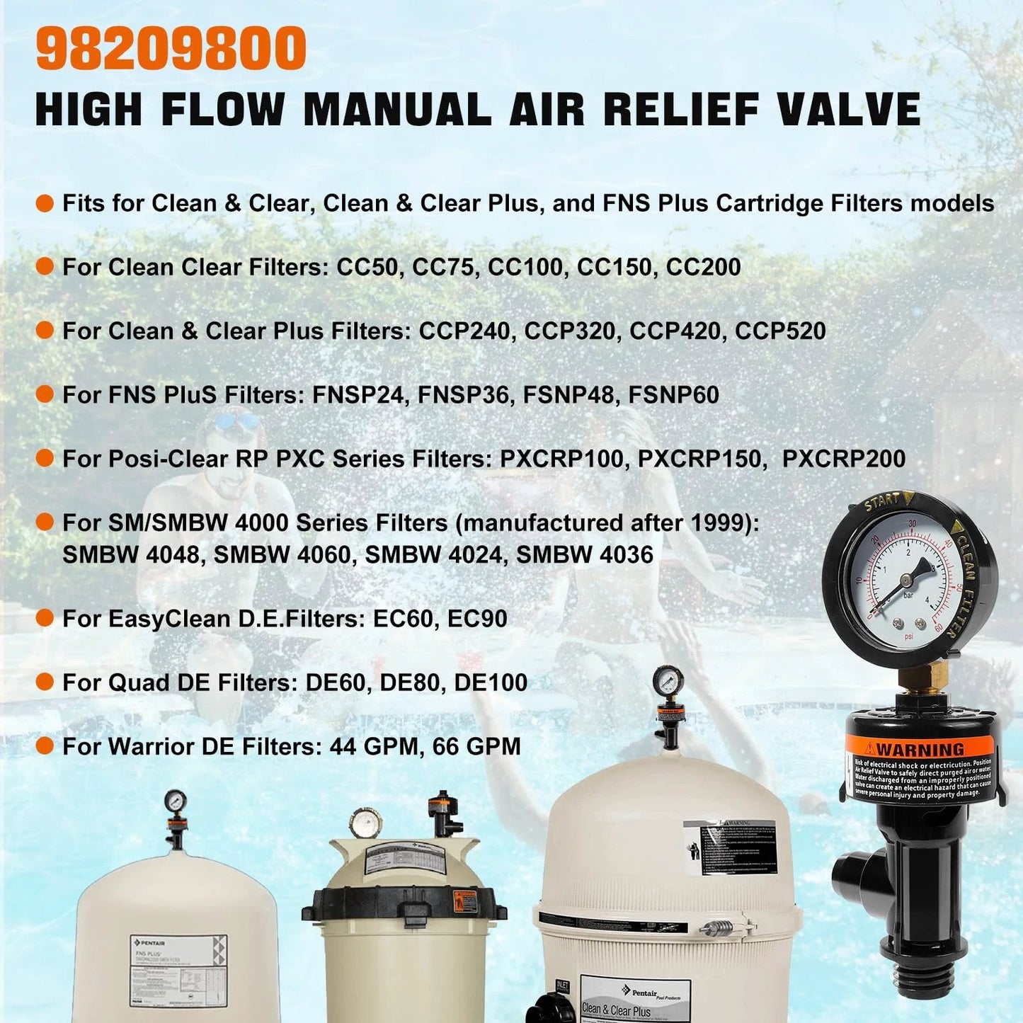 Manual Air Relief Valve Assembly With Pool Filter Pressure Gauge For Easy No Fuss Install And Long Life Compatible With Pentair Air Relief Valves FNS Clean And Clear Quad De 4000 Series Spa And Pool Filters, view showing gauge and valve.