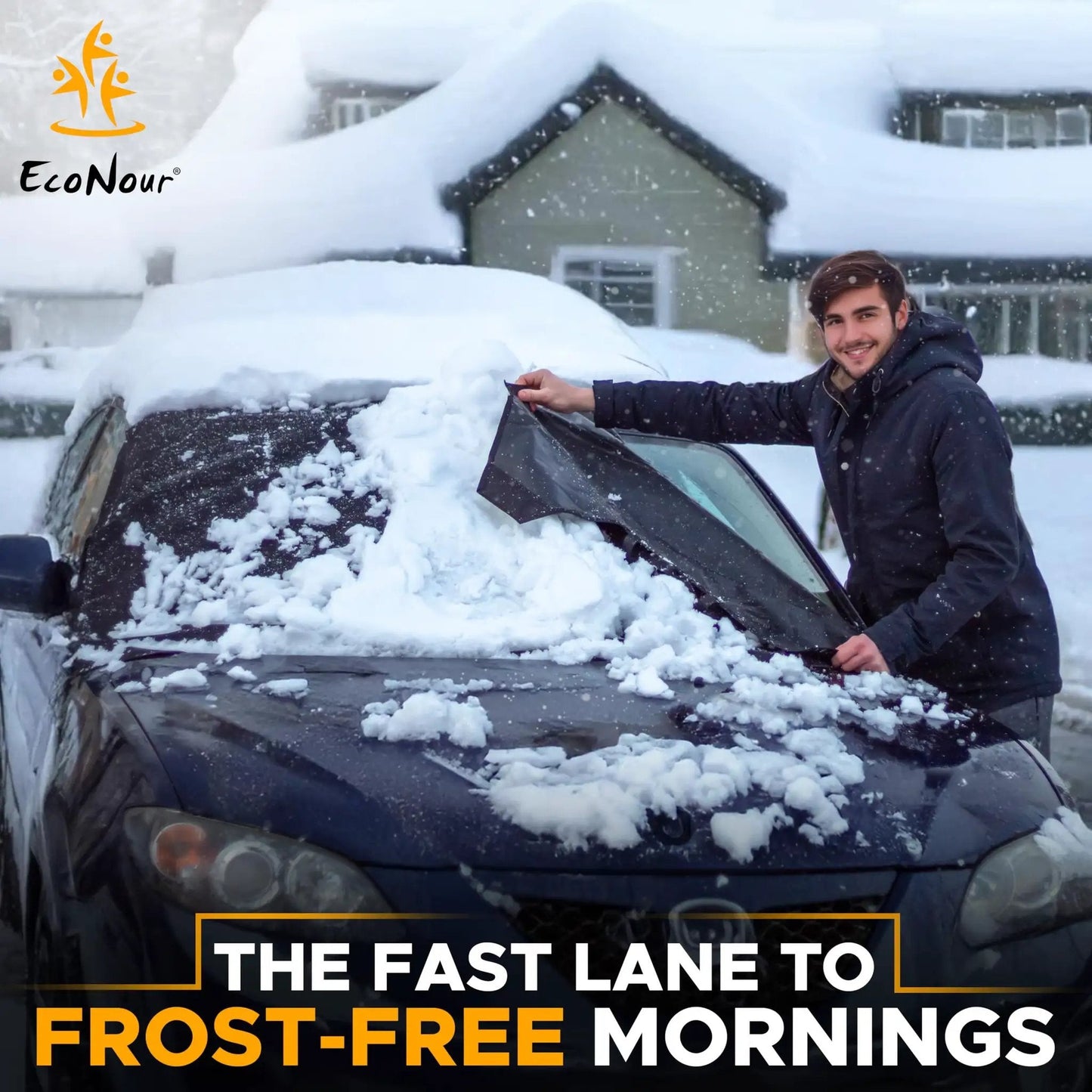 Man removing snow from a car windshield covered with ice, using a Windshield Cover for Ice and Snow, Heavy Duty 600D Oxford Fabric, Waterproof Frost Shield for Cars SUVs Trucks, One Size Fits Most with Secure Fit, Winter Car Accessory, Medium 69x42.