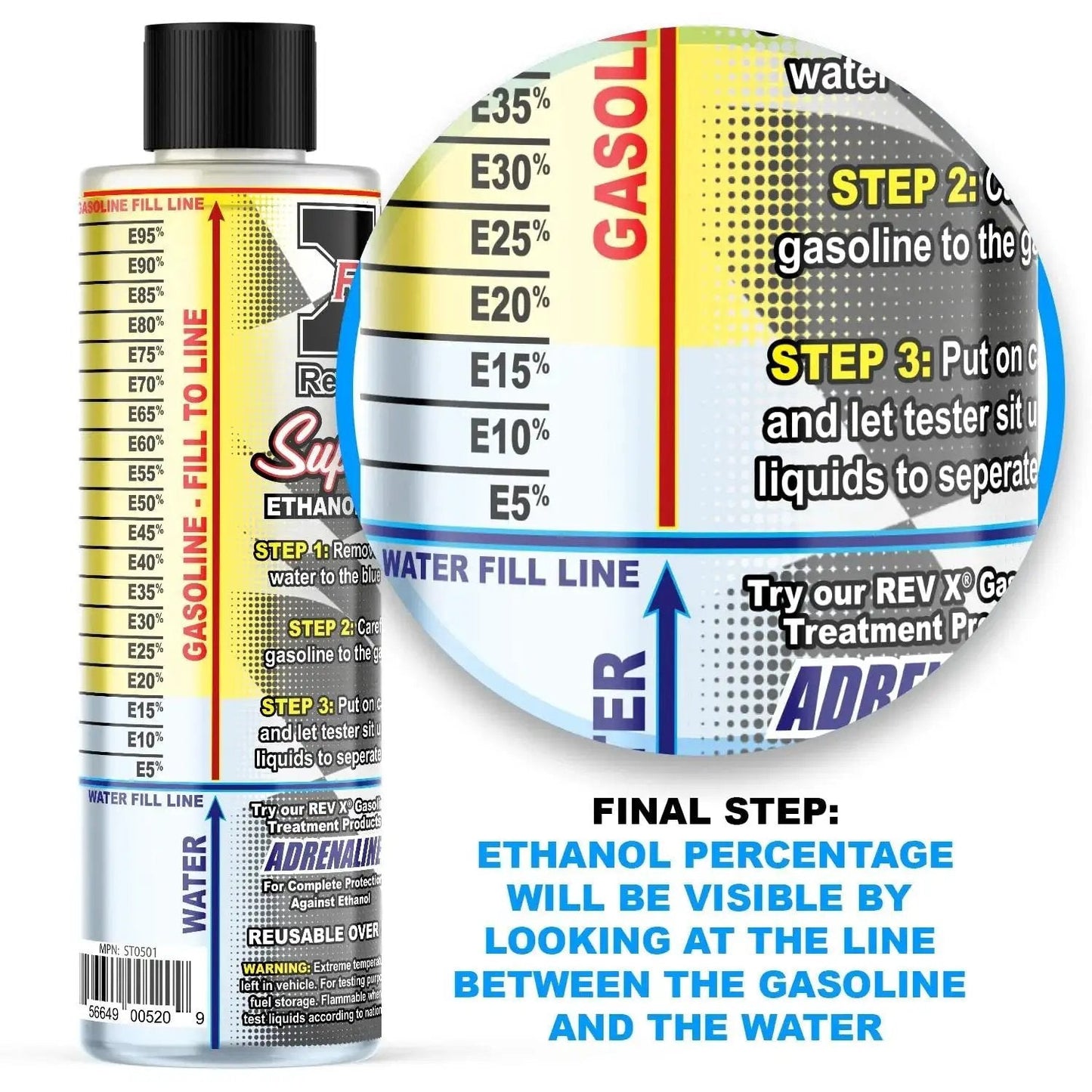 Reusable Gasoline Ethanol Test Kit For Detecting E10 To E90 Ethanol Levels with marked steps and measurement lines.