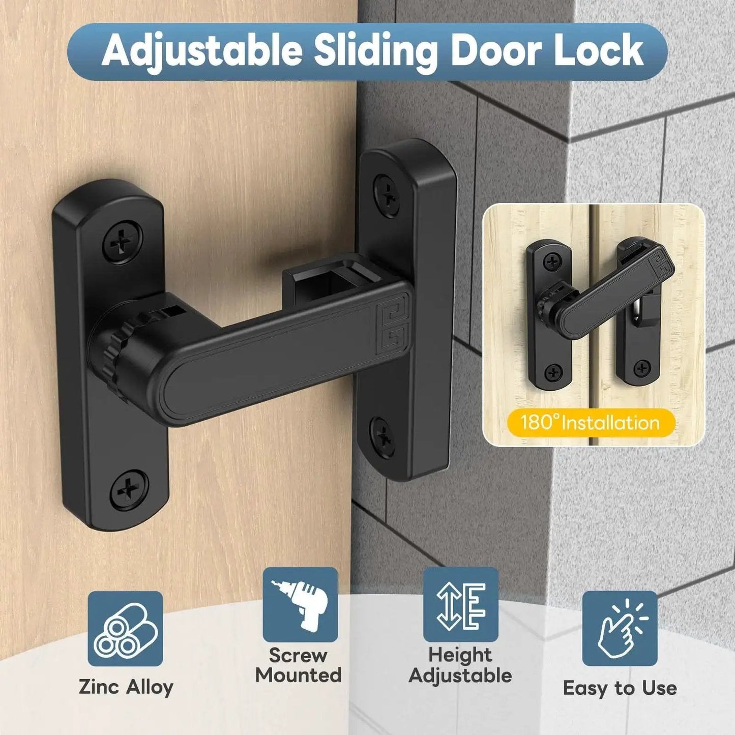 90 And 180 Degree Sliding Barn Door Lock Adjustable Zinc Alloy Security Latch installed on wooden door with 180-degree mount.