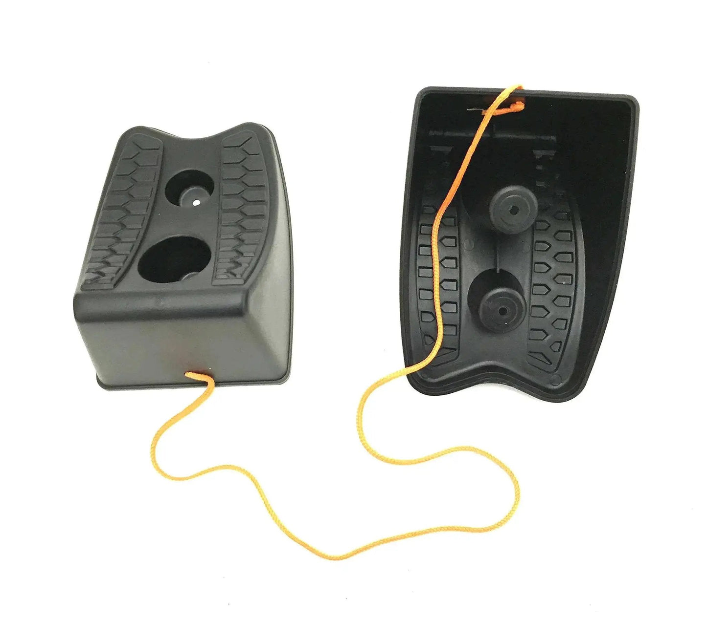 Heavy Duty Wheel Chocks Two Pack for Tire Stabilization and Safe Vehicle Lifting, shown with safety cord attachment