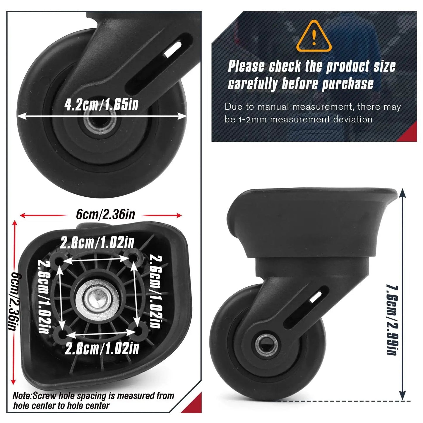 Luggage Wheels Replacement Pair For Suitcases And Carry On Wear Resistant Spinner Wheels With Four Holes ZA 72A, size guide