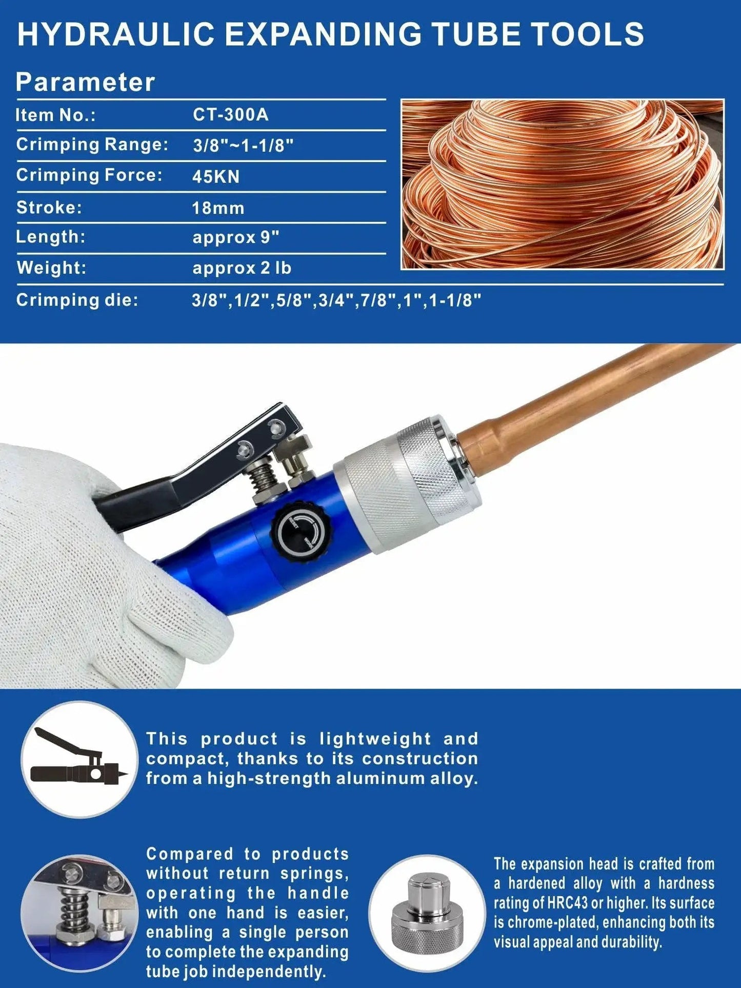 Hydraulic Tube Expander Kit For Copper Pipes 3/8 To 1-1/8 Inches With 7 Expander Heads Built In Tube Cutter And Deburring Tool