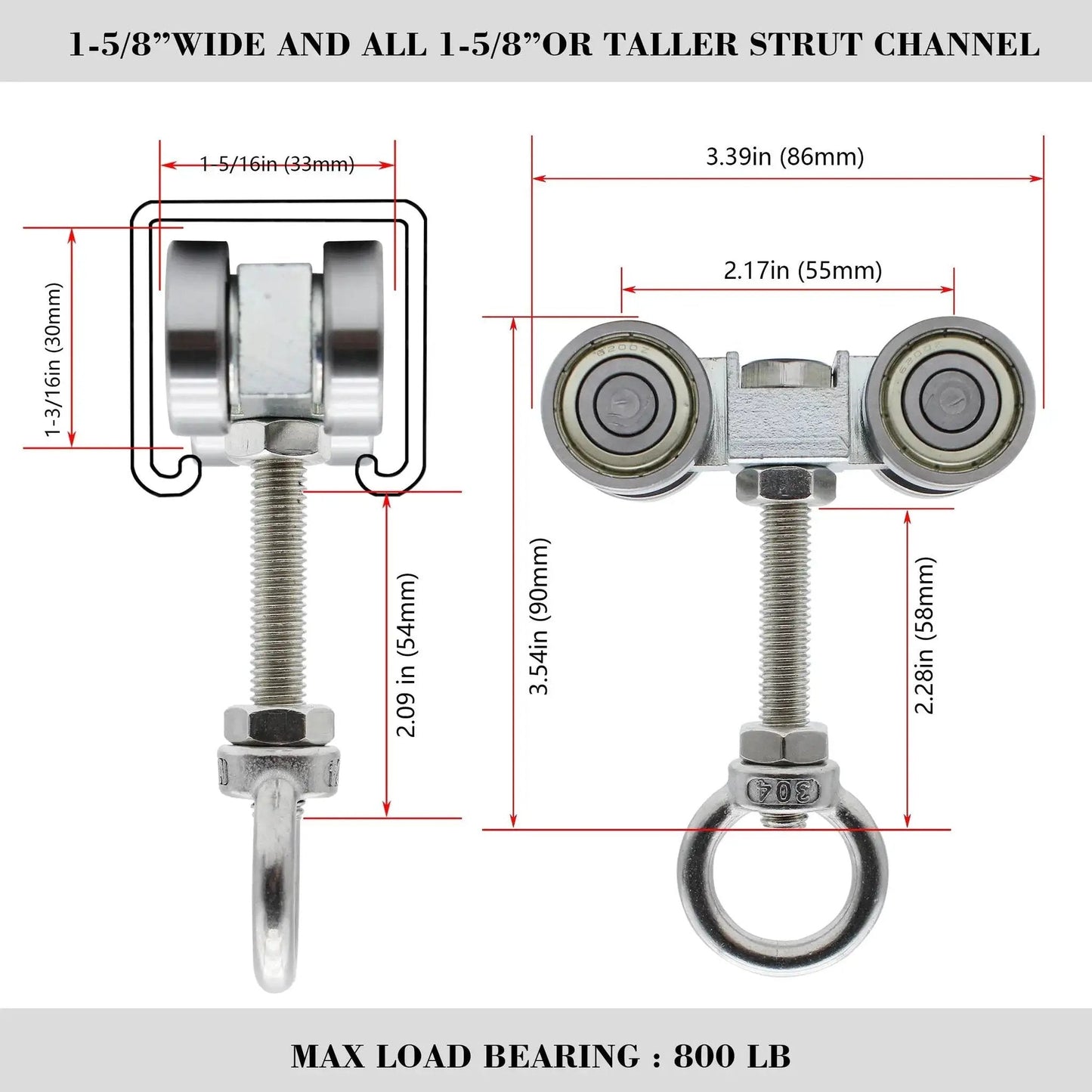 Four Wheel Trolley Assembly With Silent Pulley For One And Five Eighths Inch Wide And Taller Strut Channel Includes M10 Bolt and Lifting Eye Nut Pack Of 4 with dimensional details