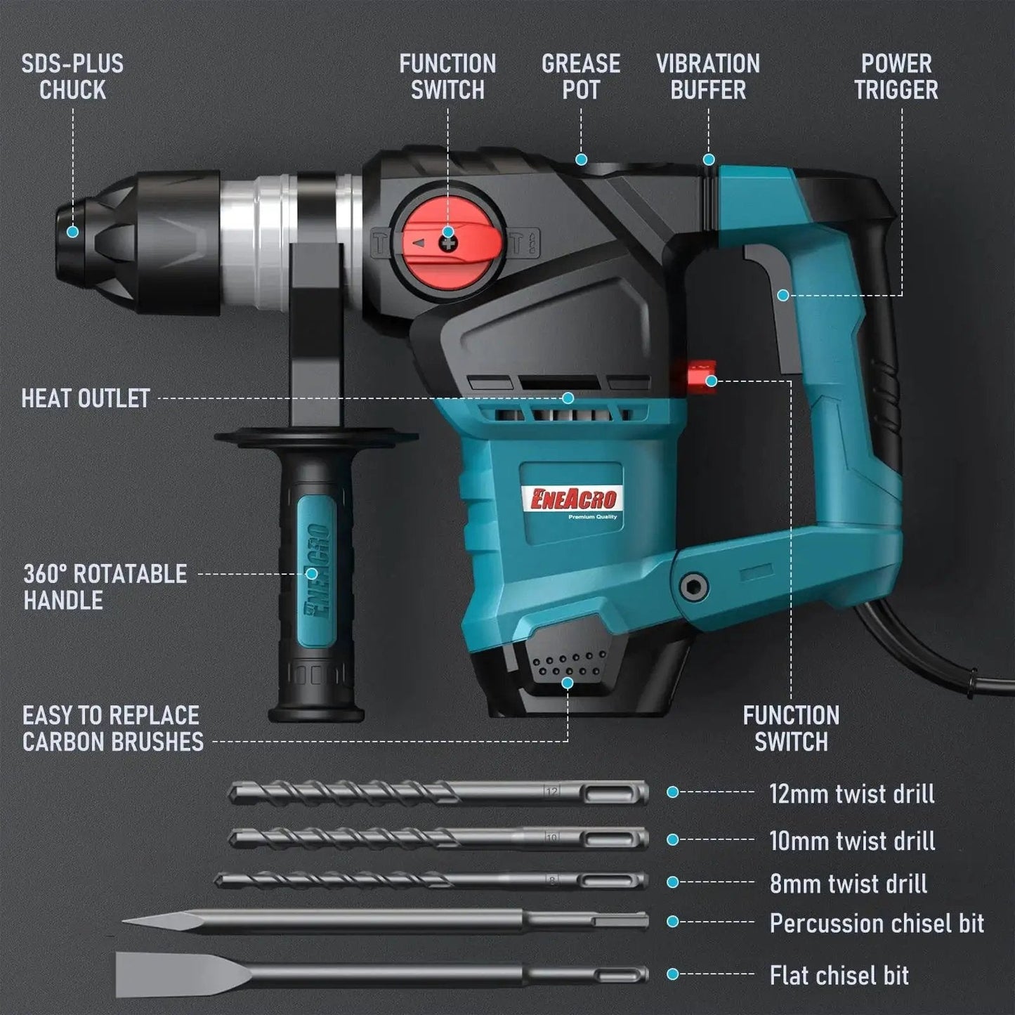 Heavy Duty One And A Quarter Inch SDS Plus Rotary Hammer Drill With 12.5 Amp Motor, Seven Joules Of Impact, Vibration Control