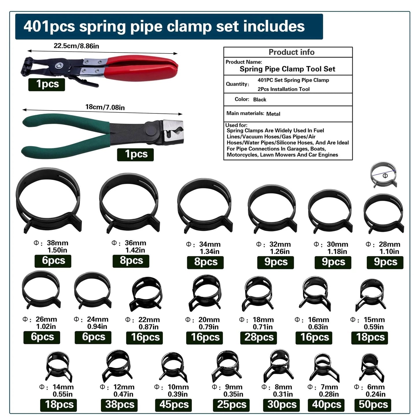 Automotive Spring Hose Clamps Kit 6 To 38 Mm 401 Pcs With 20 Sizes Includes 2 Installation Tools For Fuel Coolant Lines
