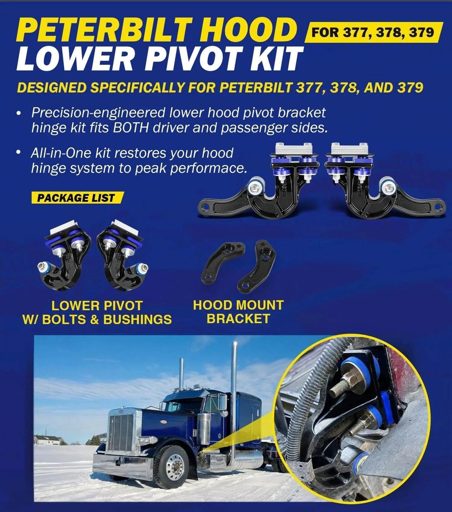 Peterbilt hood lower pivot kit with brackets and bolts for models 377, 378, 379, ensuring smooth hood operation on trucks.