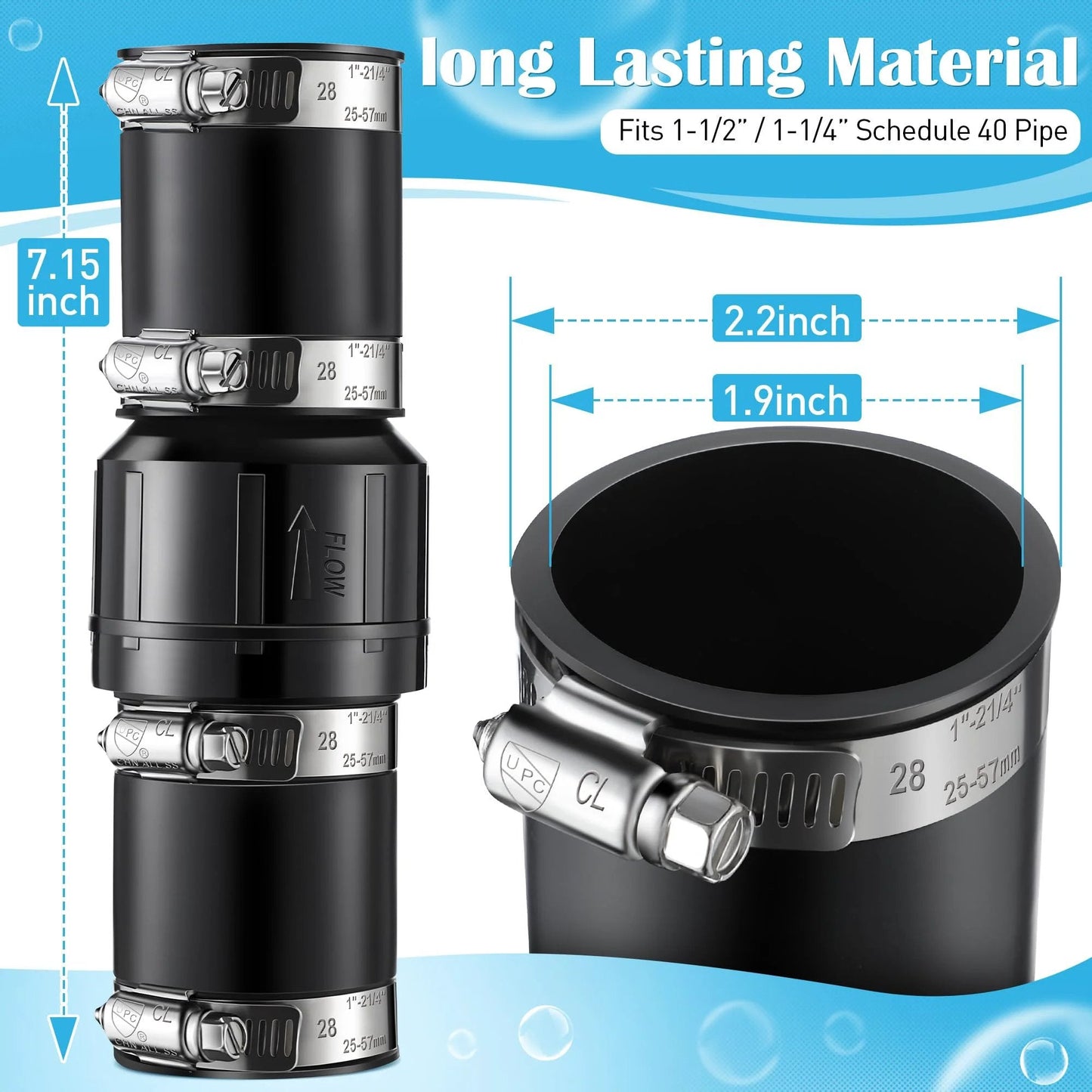 Sump Pump Check Valve For One And A Half Inch And One And A Quarter Inch Pipe Sizes Includes Four Stainless Steel Hose Clamps ABS Plastic Body Keeps Your Basement Dry Prevents Leaks And Extends System Life Built To Last By Threlaco with dimensions 7.15 inches and diameter details.