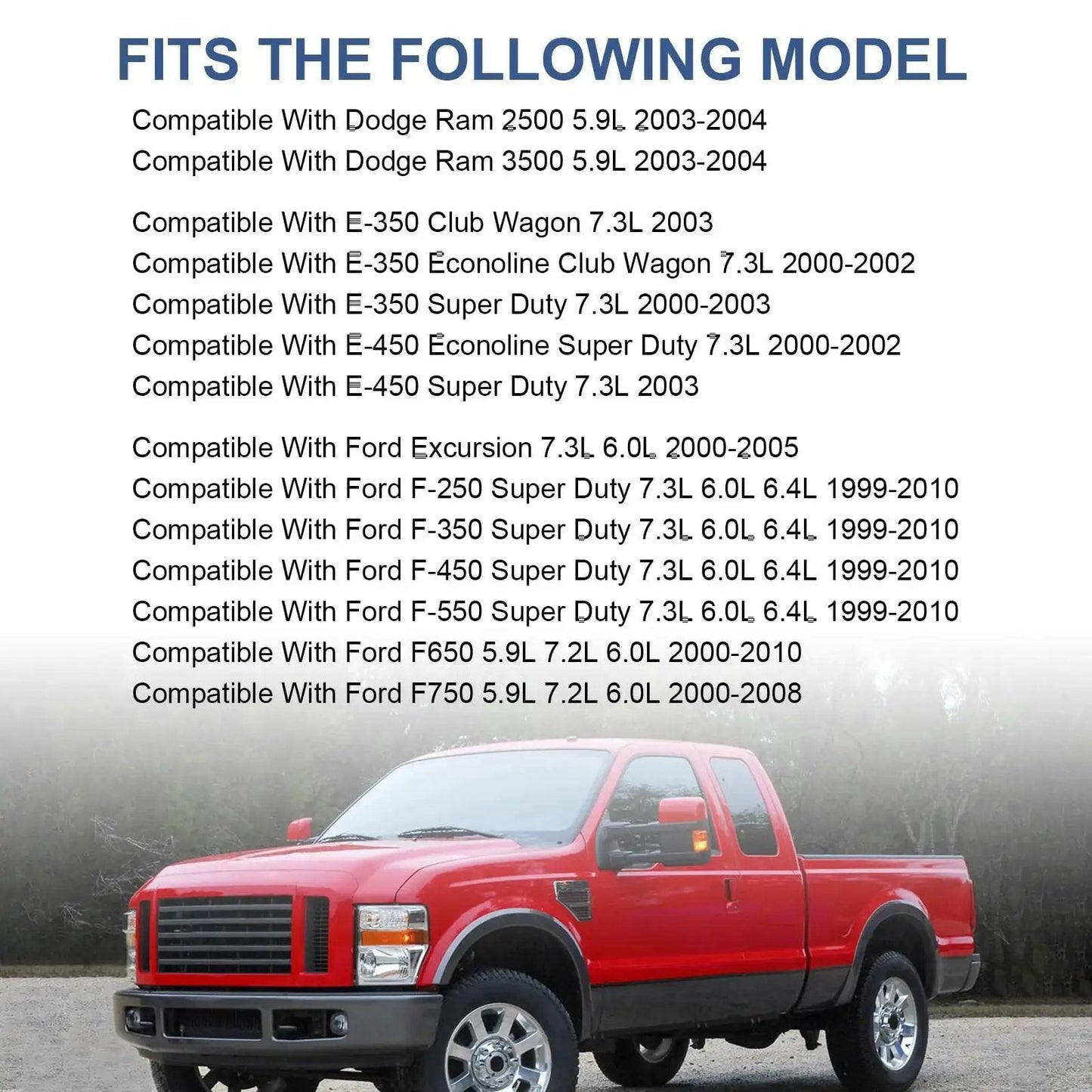 Red Ford truck with compatibility list for Electric Vacuum Pump Replacement For Ford F Series And Dodge Ram Trucks 1999 To 2010