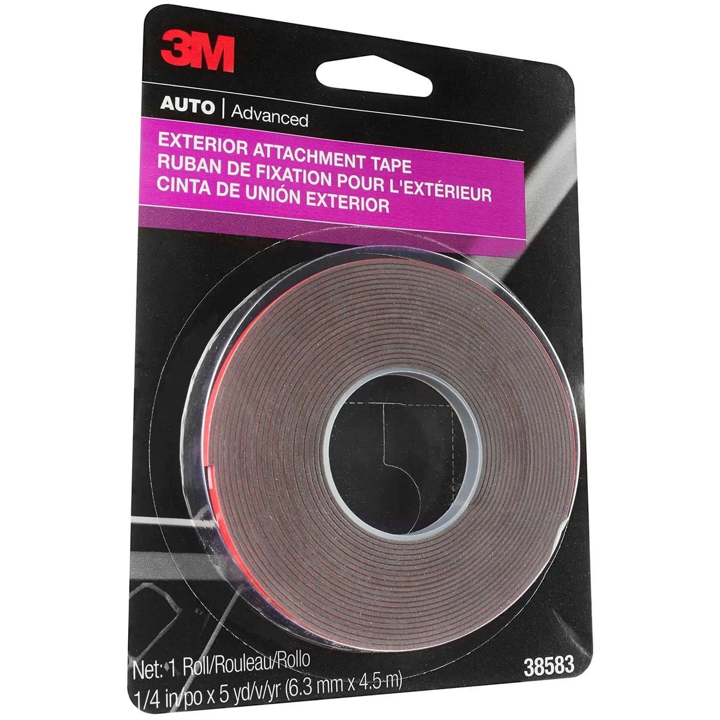 Exterior automotive attachment for moldings, emblems and trim, 1/4 in width x 5 yards length, clear high-strength double-sided weatherproof permanent mounting adhesive, 1 roll.