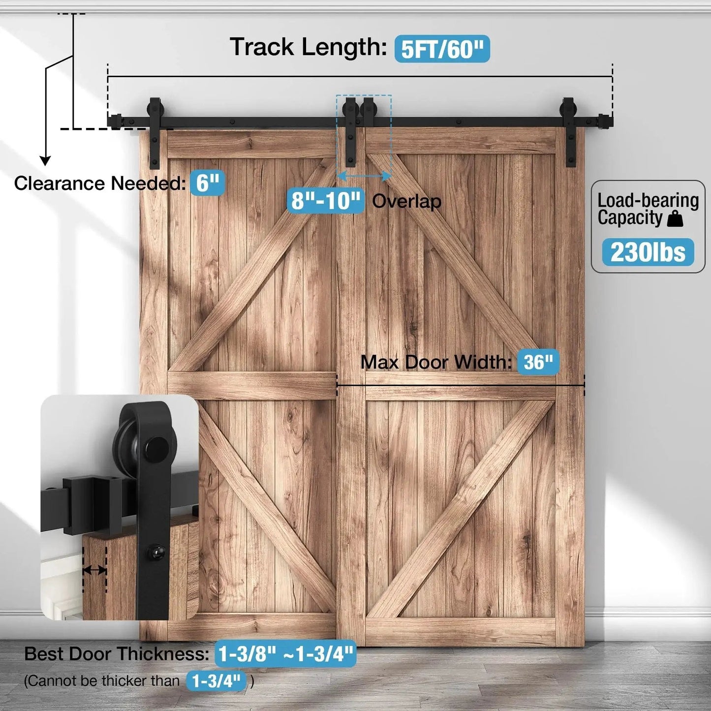 Bypass Barn Door Hardware Kit For 5 Feet Double Wooden Doors With Single Track And Flat Rollers, Low Ceiling Bypass System