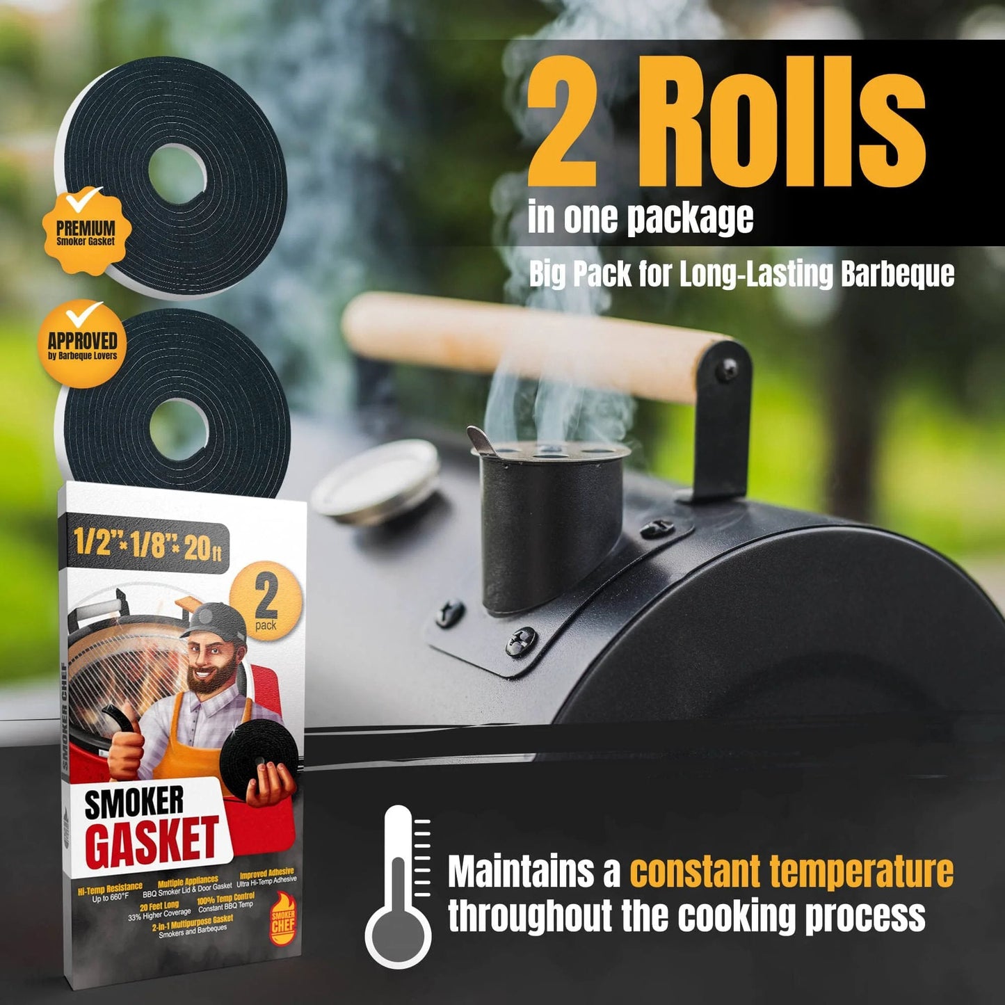 Grill Gasket Upgrade For Smokers And BBQ Folks With Twenty Foot High Temp Seal Kit And Ten Foot Self Stick Nomex Fire Tape Black One Half Inch By One Eighth Inch Heat Resistant Gasket Kit with two rolls packaging next to grill.