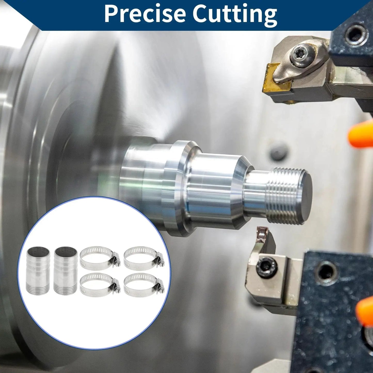 Go-To Stainless Steel Hose Barb Fittings 201 being precisely cut, showing 1.3 inch OD, 1 inch BSPT thread, for automotive use.