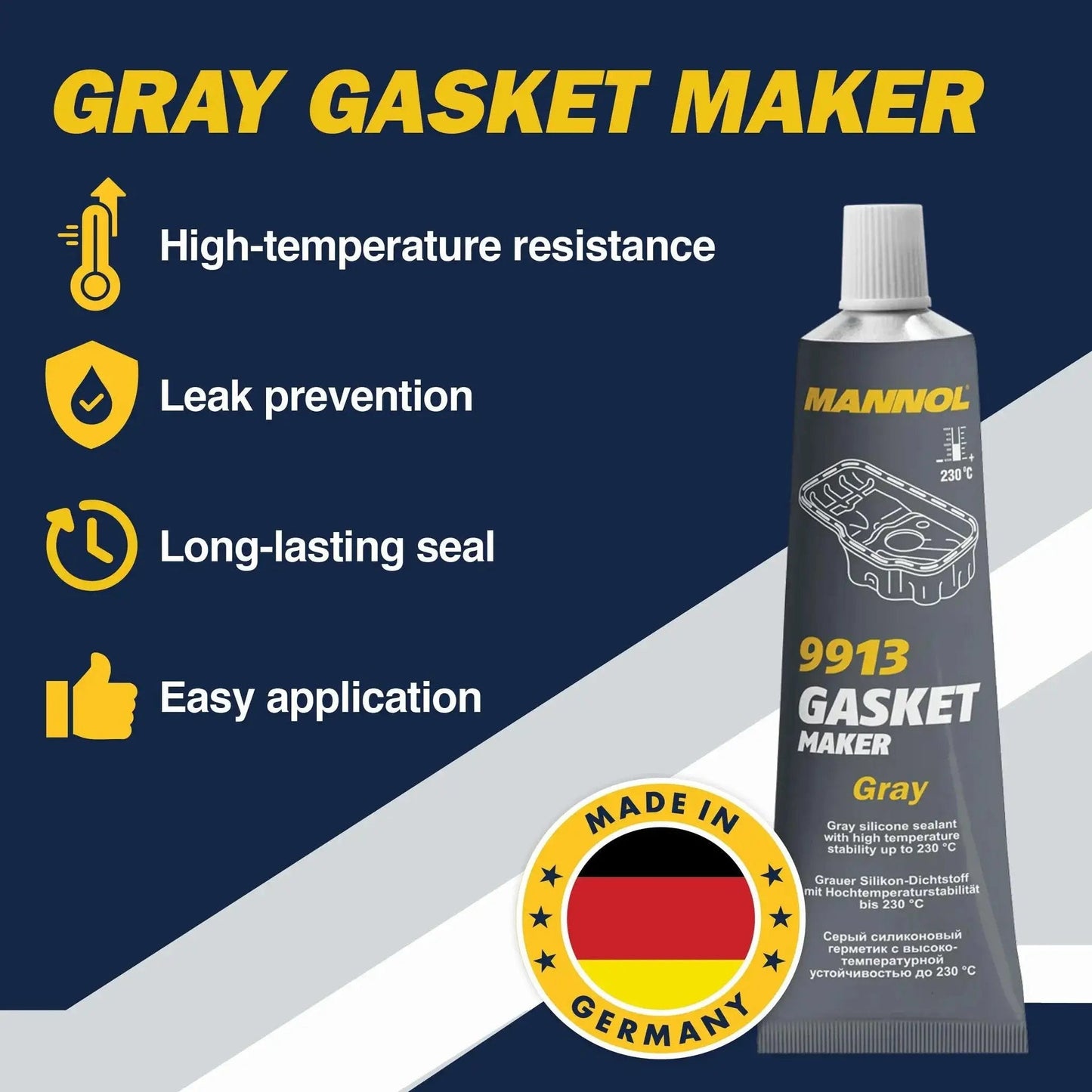 Image of Mannol 9913 Gray silicone gasket maker tube with text highlighting high-temperature resistance and made in Germany.