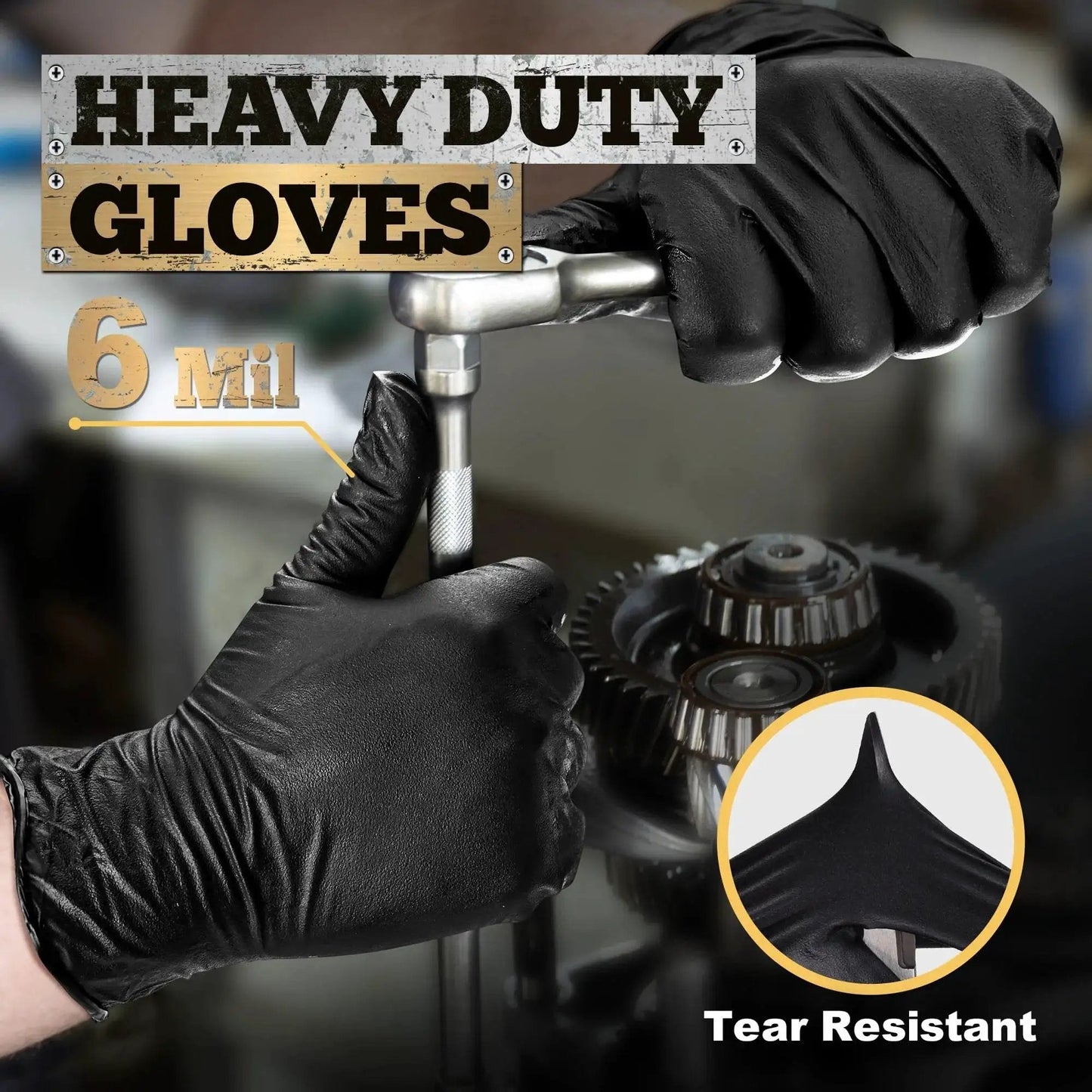 Person wearing 6 Mil Nitrile Gloves Textured Medium 100 Count Powder Free For Food Prep, handling mechanical tools